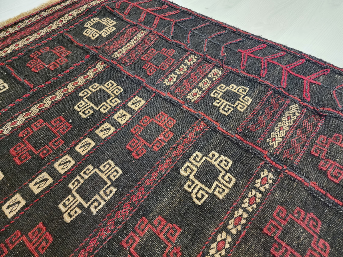 Antique Anatolian Kilim Rug, 1930s Geometric Wool Flatweave, Dark Red Charcoal Accent (4'4'' x 4'5'')
