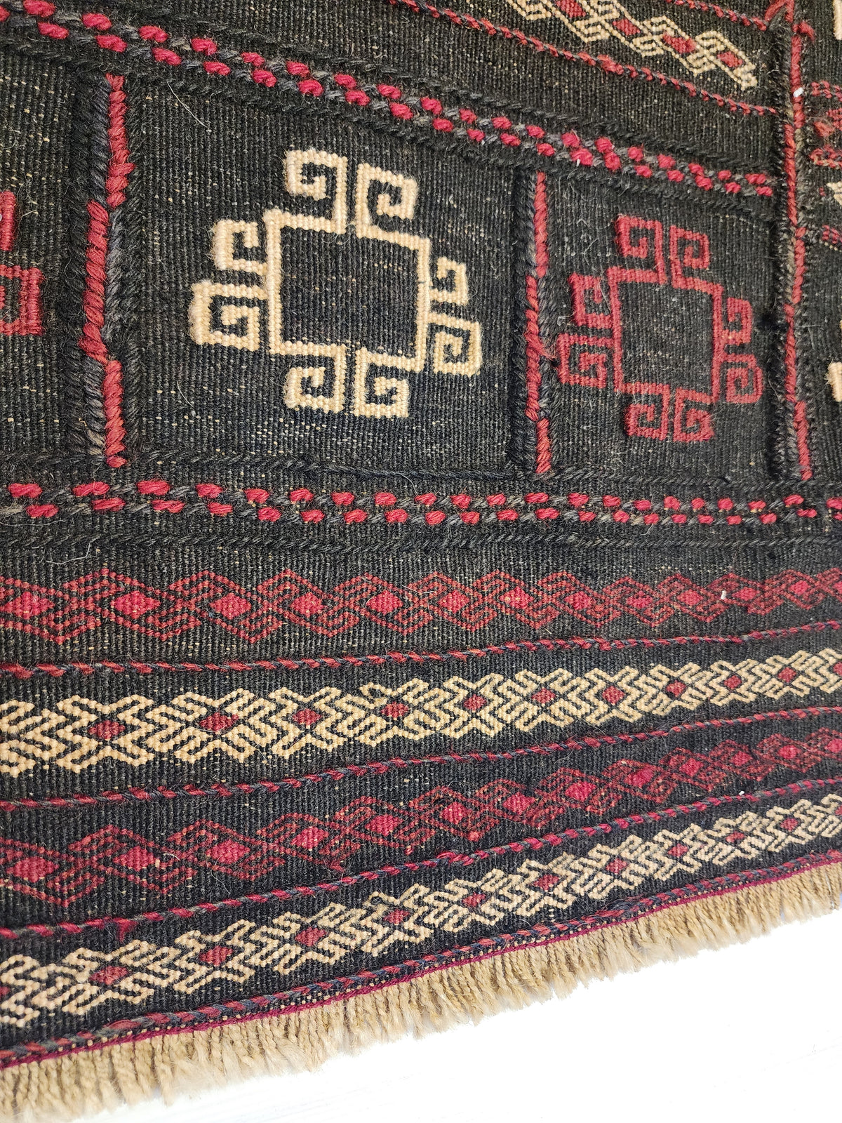 Antique Anatolian Kilim Rug, 1930s Geometric Wool Flatweave, Dark Red Charcoal Accent (4'4'' x 4'5'')