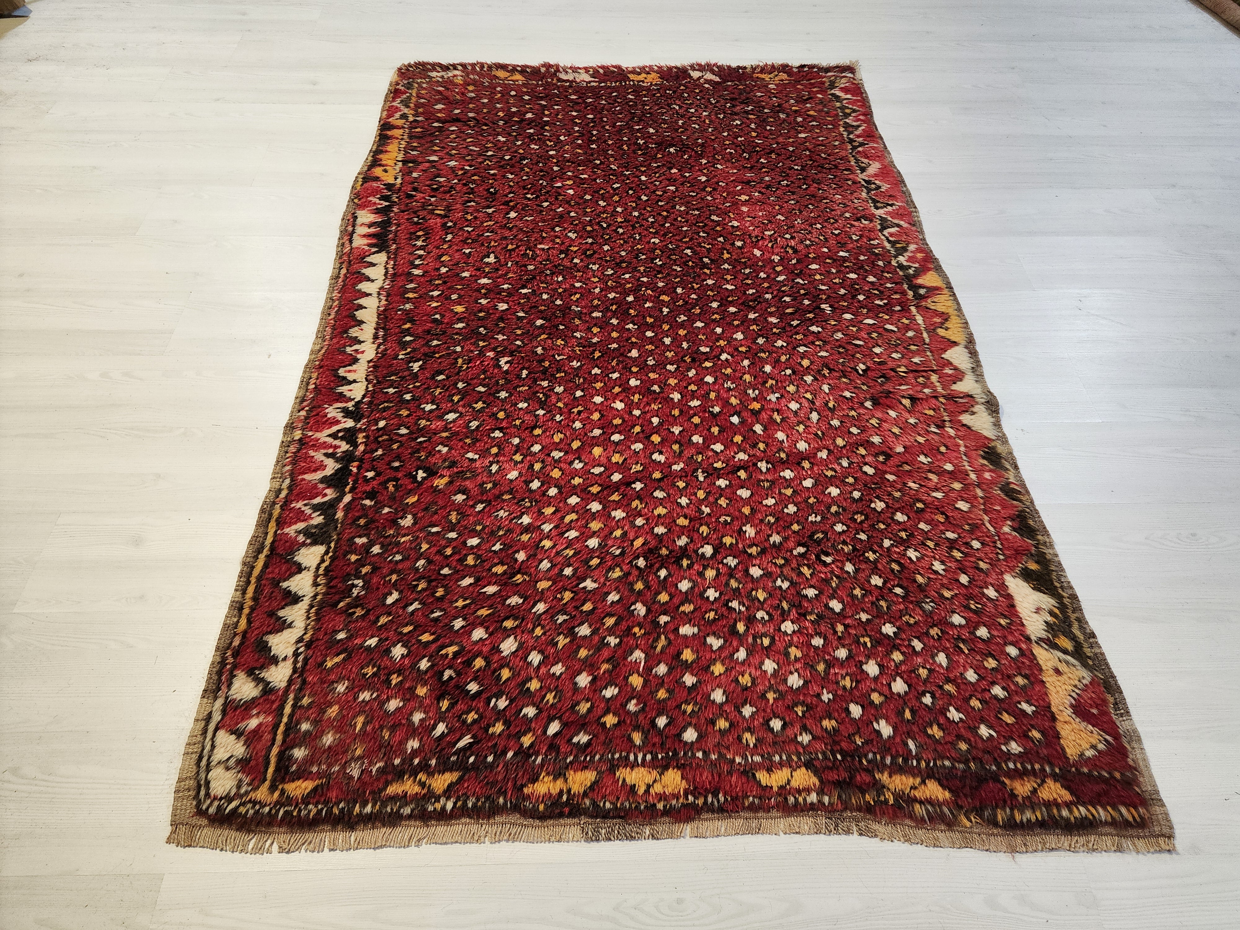 Antique Konya Karapinar Tulu Rug, 1900s Hand-Knotted Wool Shaggy Rug, Muted Red Boho Tribal