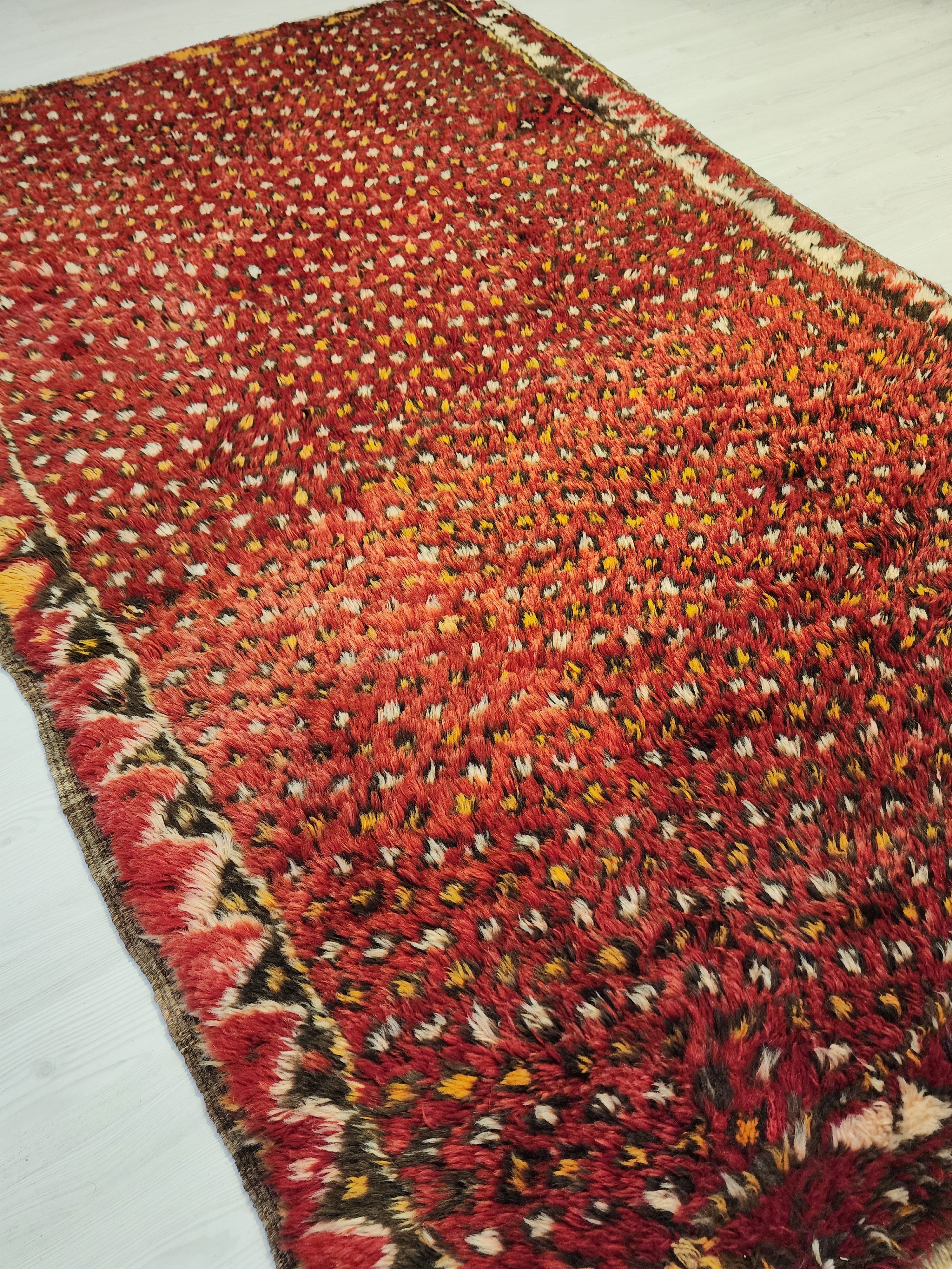 Antique Konya Karapinar Tulu Rug, 1900s Hand-Knotted Wool Shaggy Rug, Muted Red Boho Tribal