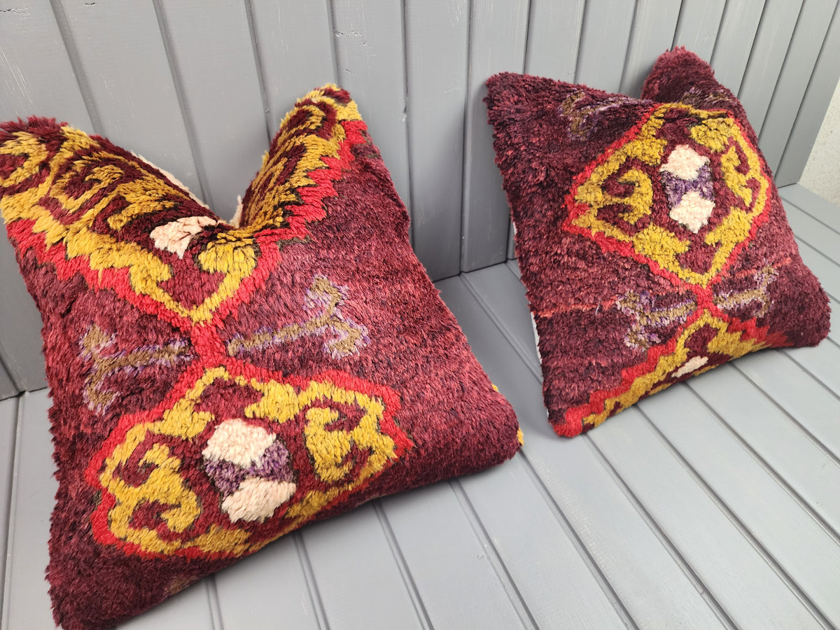 Antique Konya Tulu shaggy pillow covers, set of 2, burgundy and yellow, 16x16 in, pair, angled view