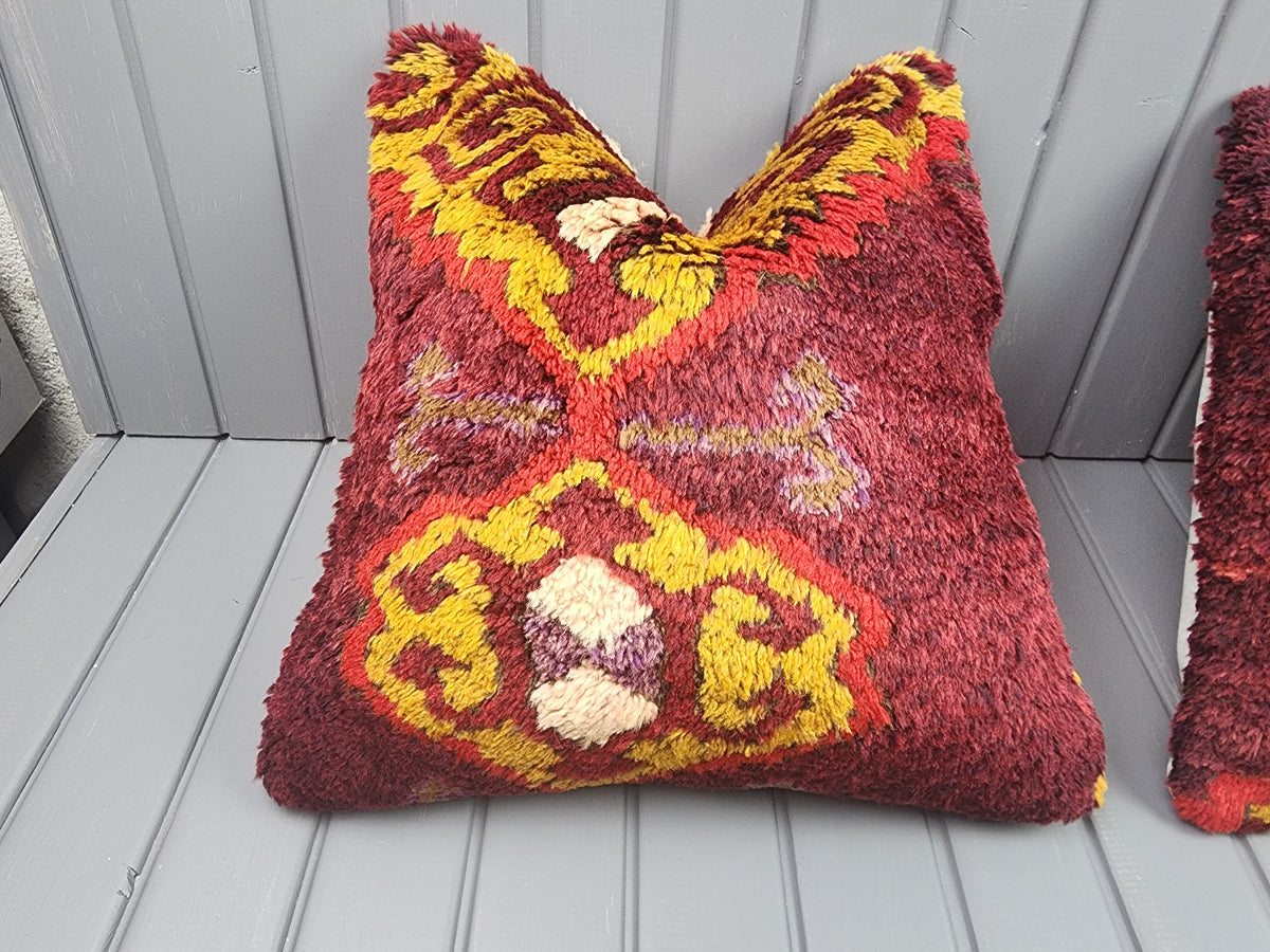 Antique Konya Tulu shaggy pillow covers, set of 2, burgundy and yellow, 16x16 in, single cover close-up