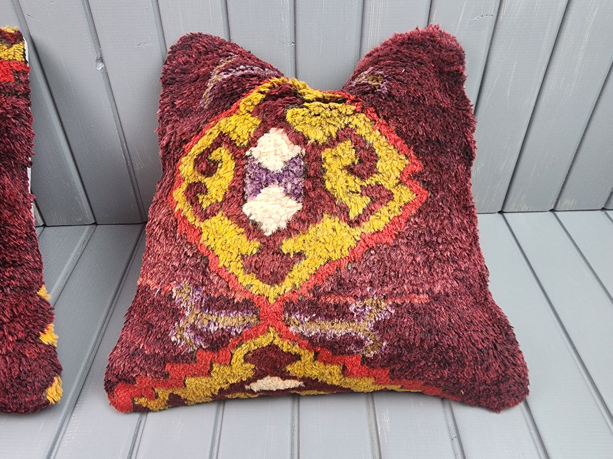 Antique Konya Tulu shaggy pillow covers, set of 2, burgundy and yellow, 16x16 in, single cover close-up