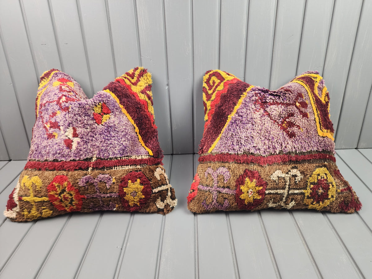 Antique Konya Tulu shaggy pillow covers, set of 2, purple and yellow, 16x16 in, pair, front view
