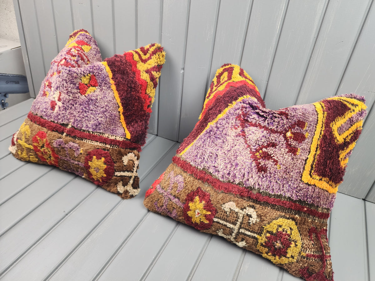 Antique Konya Tulu shaggy pillow covers, set of 2, purple and yellow, 16x16 in, pair, angled view