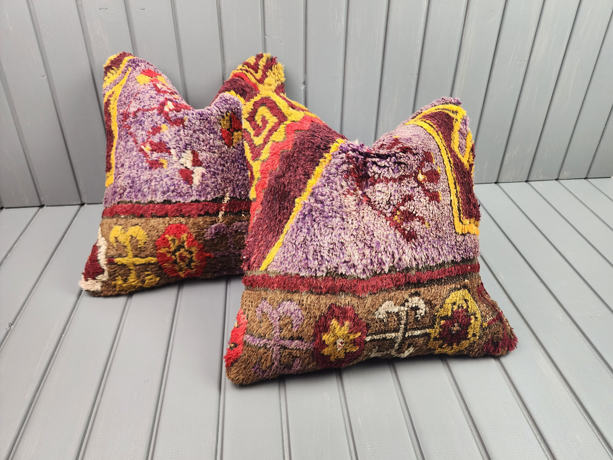 Antique Konya Tulu shaggy pillow covers, set of 2, purple and yellow, 16x16 in, pair, side view