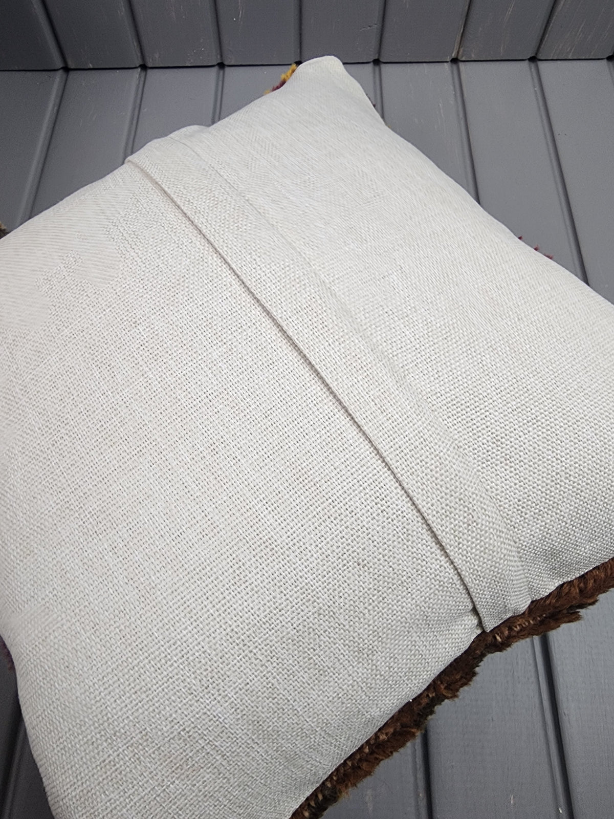 Antique Konya Tulu shaggy pillow covers, set of 2, purple and yellow, 16x16 in, back of cover