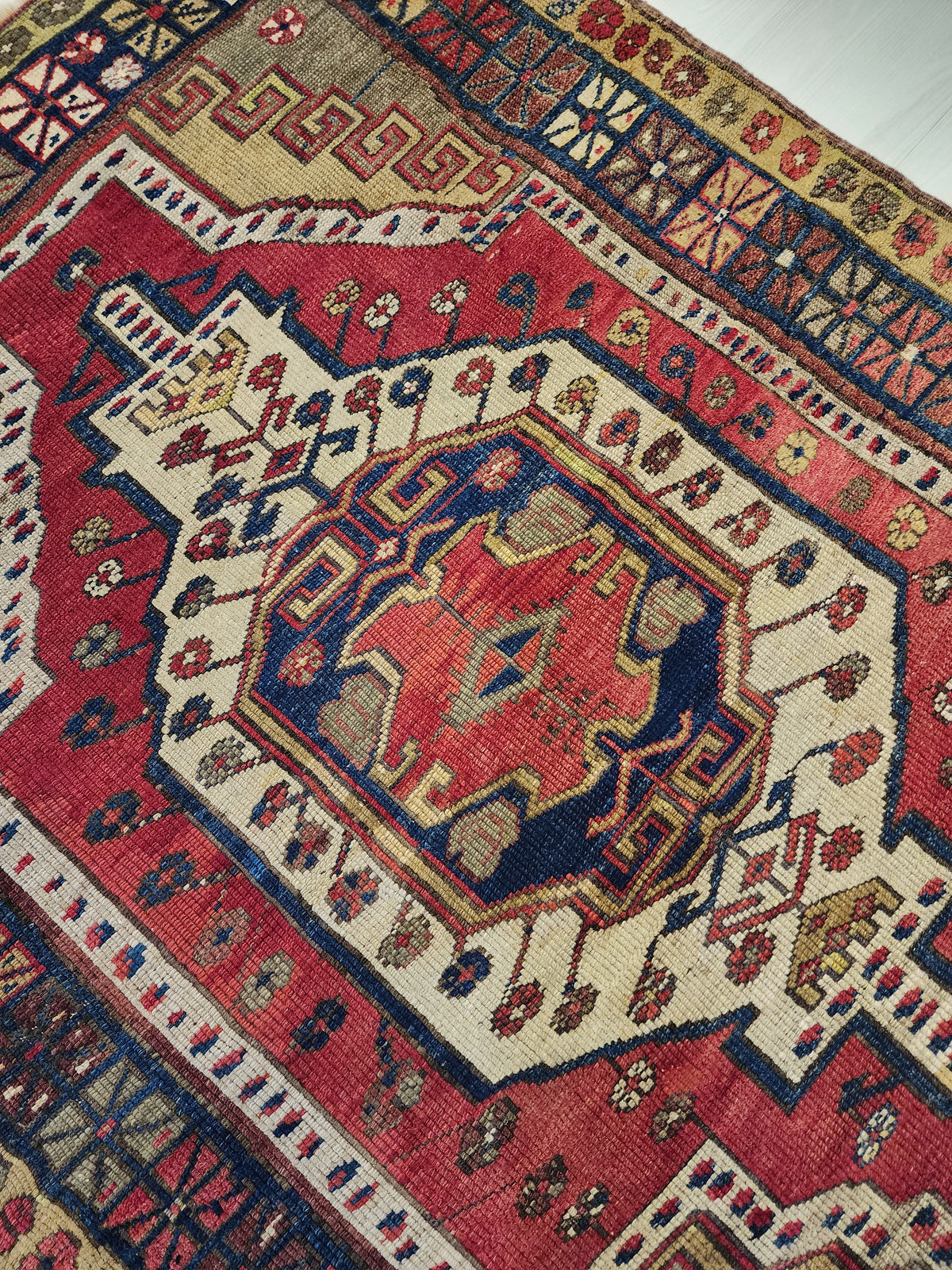 Antique Yeşilhisar Wool Rug, Hand-Knotted Geometric Anatolian Area Rug (4'11" x 4")