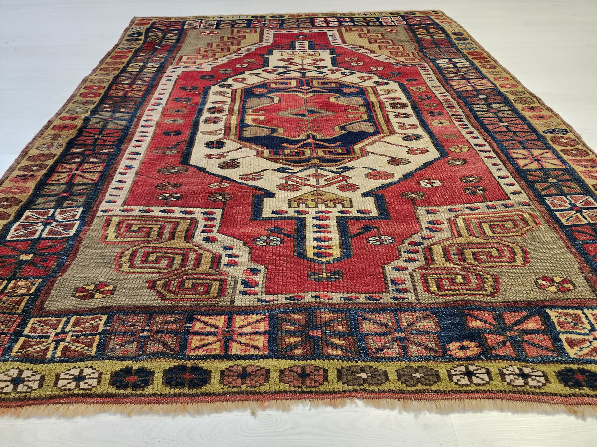 Antique Yeşilhisar Wool Rug, Hand-Knotted Geometric Anatolian Area Rug (4'11" x 4")