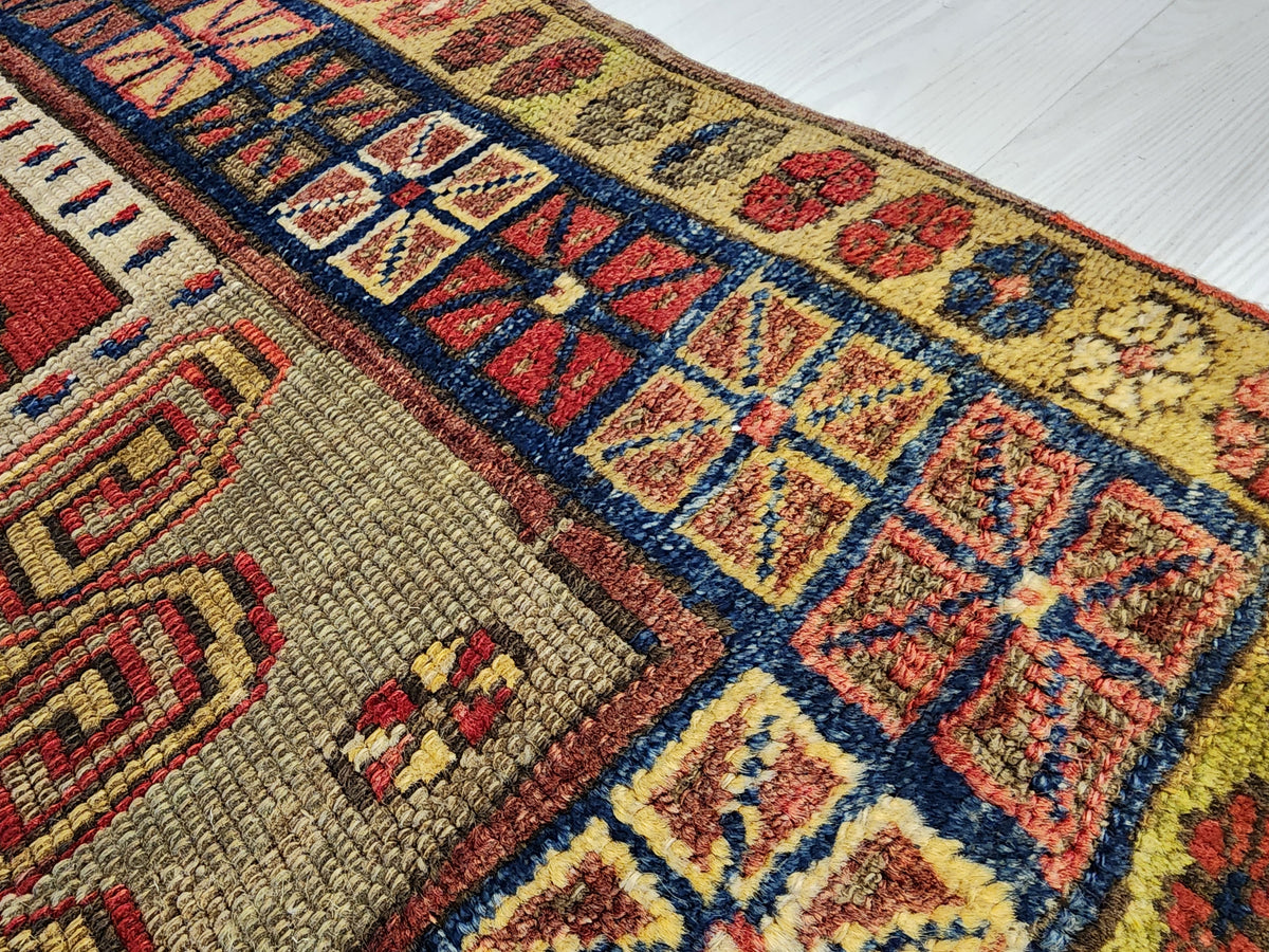 Antique Yeşilhisar Wool Rug, Hand-Knotted Geometric Anatolian Area Rug (4'11" x 4")