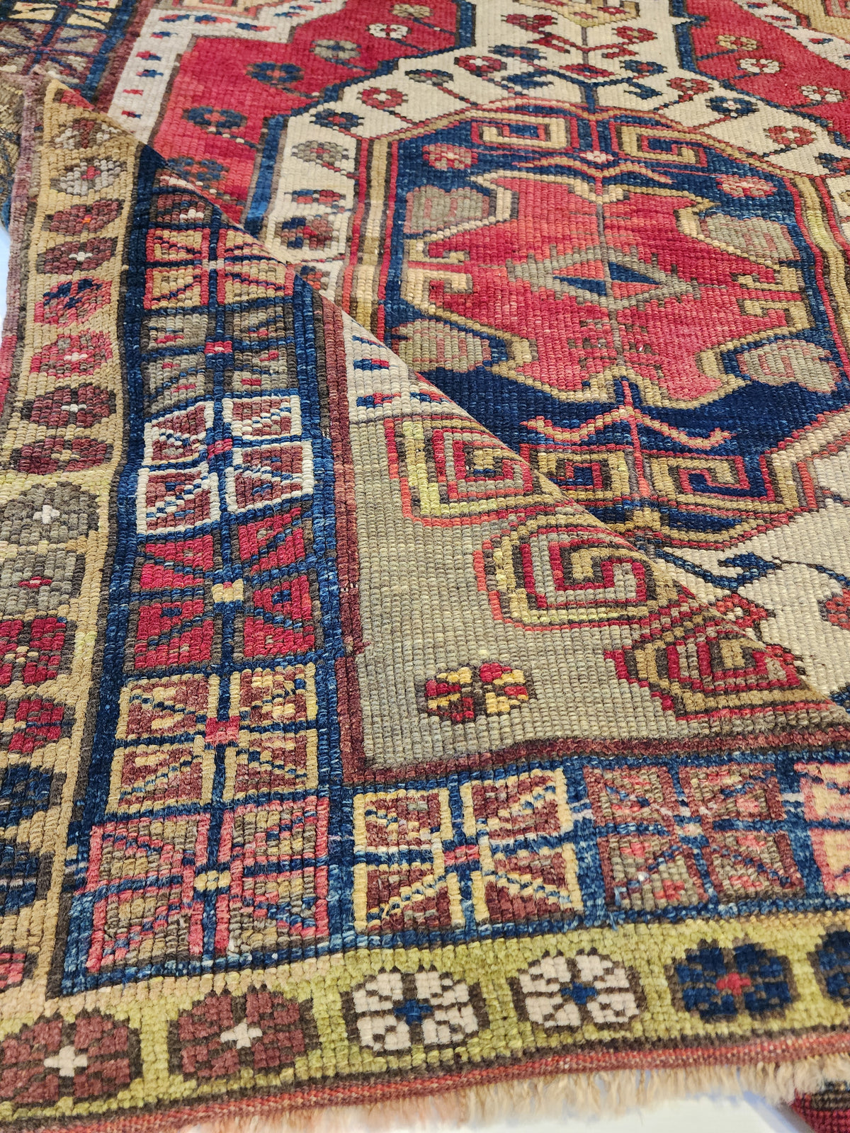 Antique Yeşilhisar Wool Rug, Hand-Knotted Geometric Anatolian Area Rug (4'11" x 4")