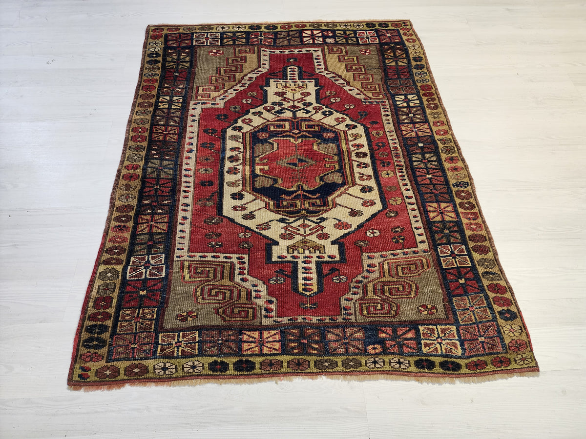 Antique Yeşilhisar Wool Rug, Hand-Knotted Geometric Anatolian Area Rug (4'11" x 4")