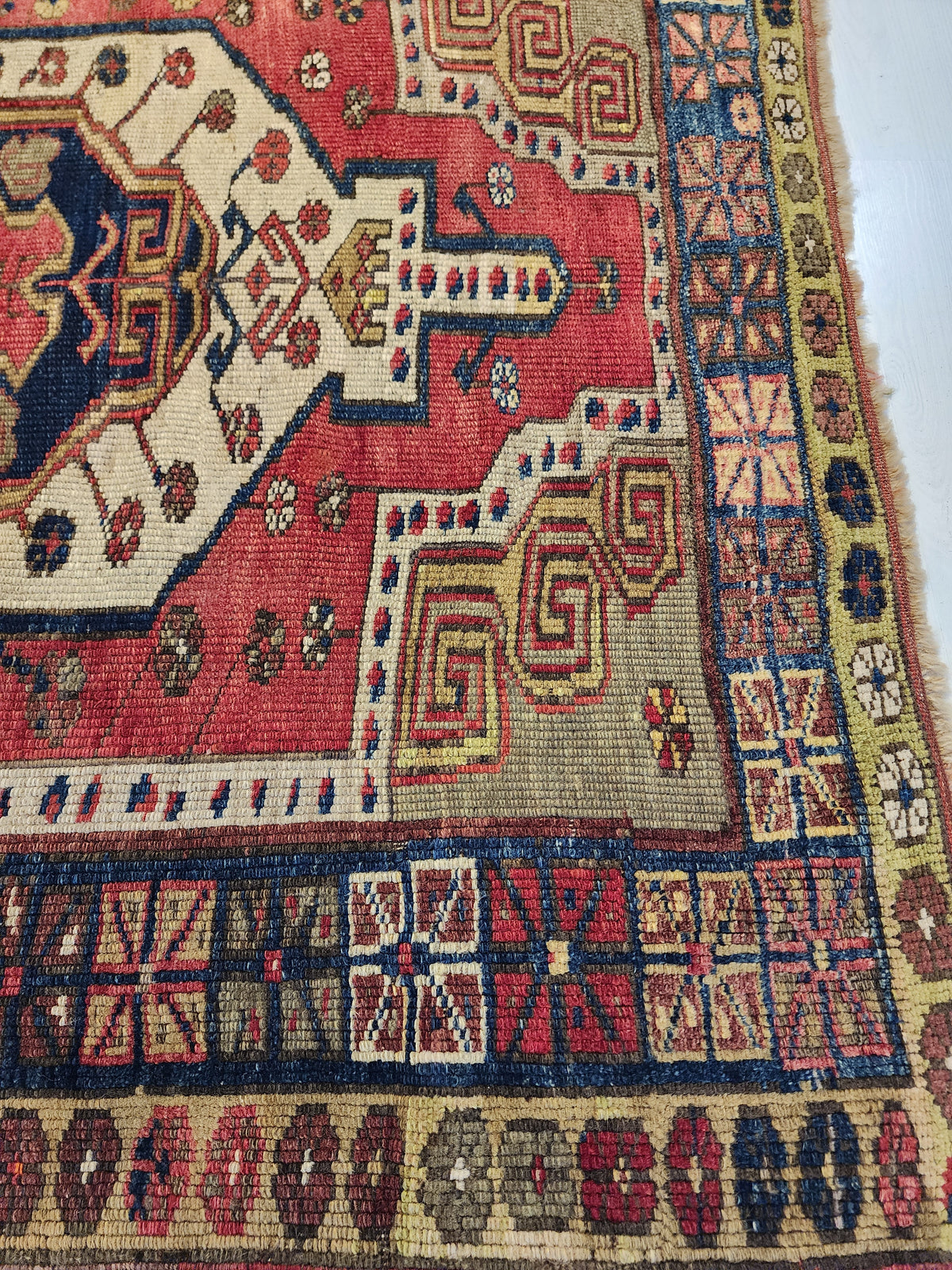 Antique Yeşilhisar Wool Rug, Hand-Knotted Geometric Anatolian Area Rug (4'11" x 4")