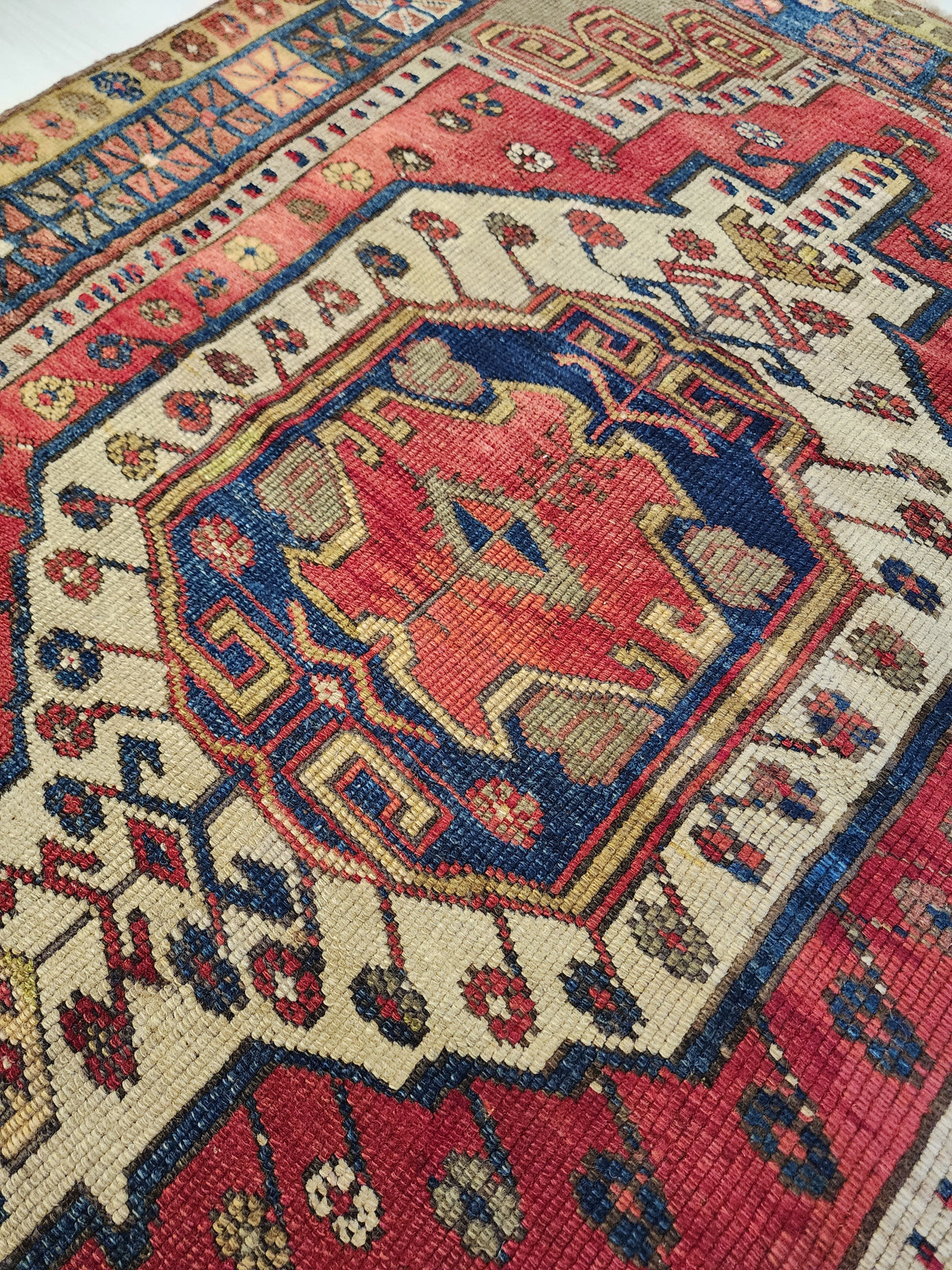 Antique Yeşilhisar Wool Rug, Hand-Knotted Geometric Anatolian Area Rug (4'11" x 4")
