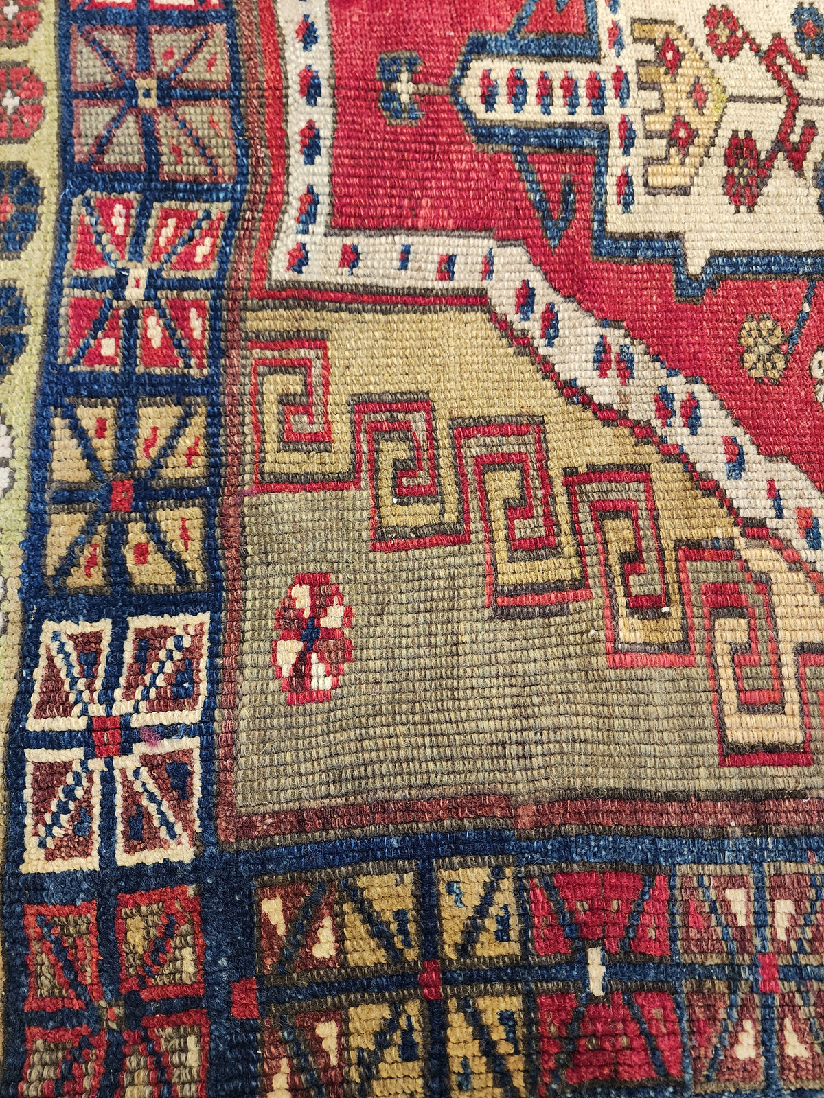 Antique Yeşilhisar Wool Rug, Hand-Knotted Geometric Anatolian Area Rug (4'11" x 4")
