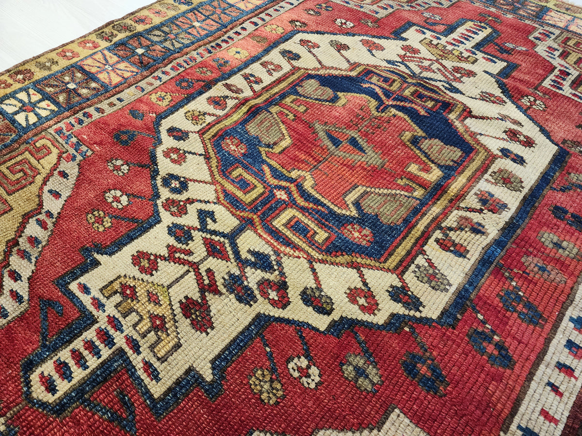 Antique Yeşilhisar Wool Rug, Hand-Knotted Geometric Anatolian Area Rug (4'11" x 4")