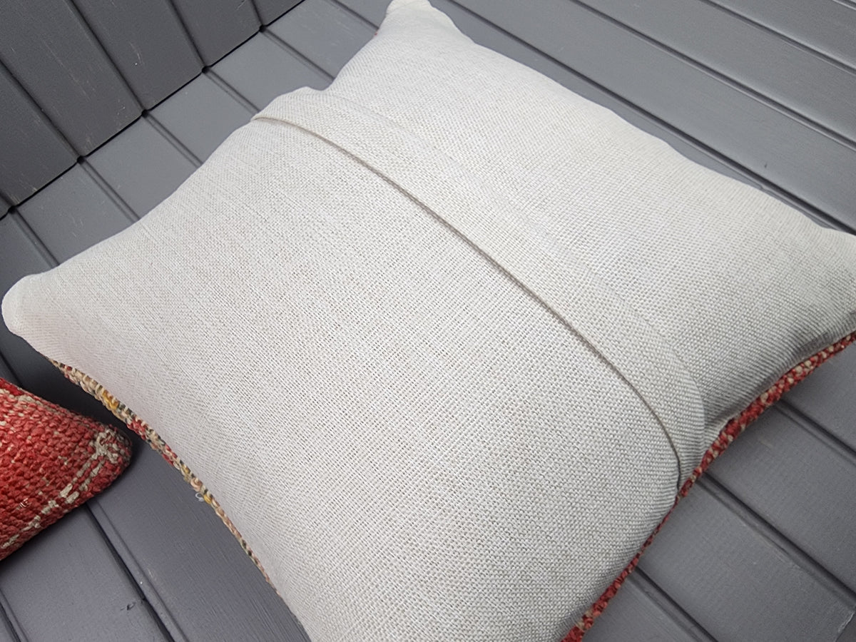 Antique Oushak rug pillow covers, set of 2, red and ivory, 16x16 in, back of cover