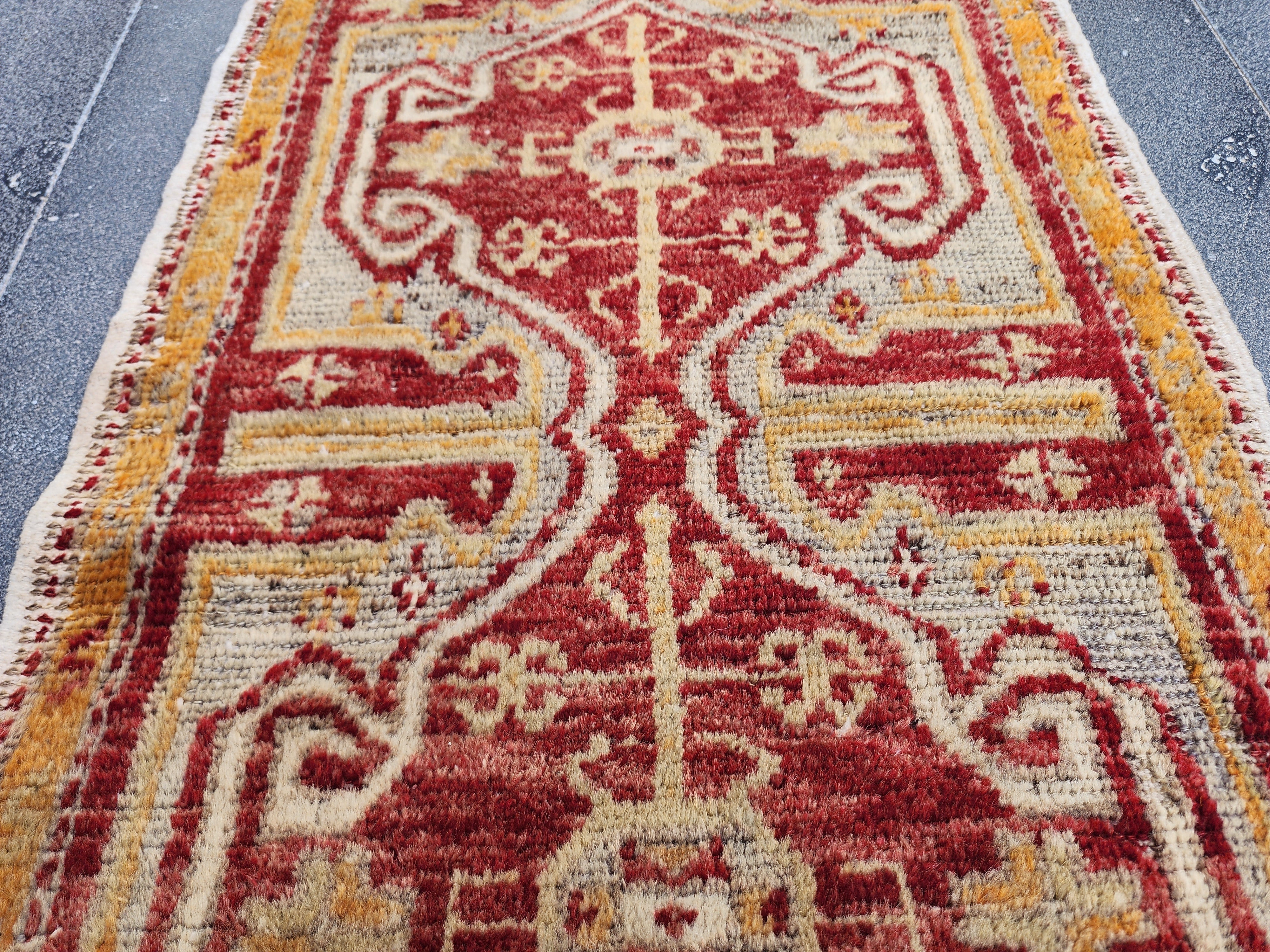 antique Anatolian Nuzumlu Turkish Rug: Distressed Wool Bohemian Rug (1'7''x2'10'') — back view