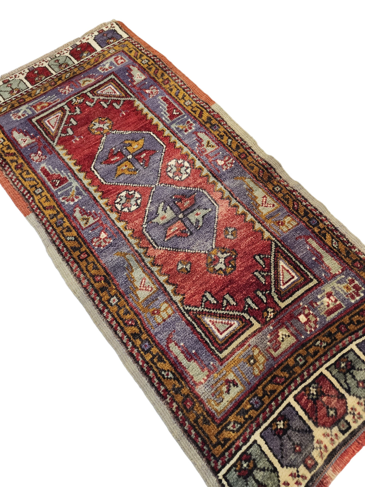 1960s Anatolian Wool Rug, Purple Red Geometric Tribal Door Mat (57x120cm)