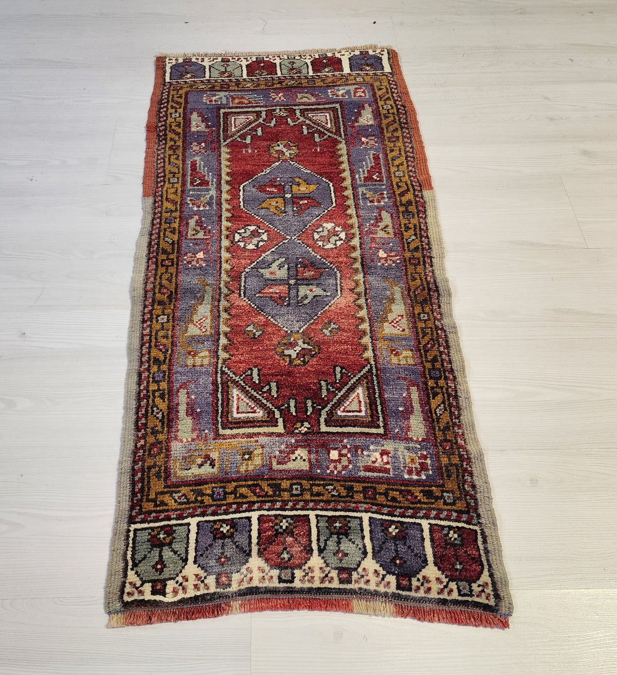 1960s Anatolian Wool Rug, Purple Red Geometric Tribal Door Mat (57x120cm)