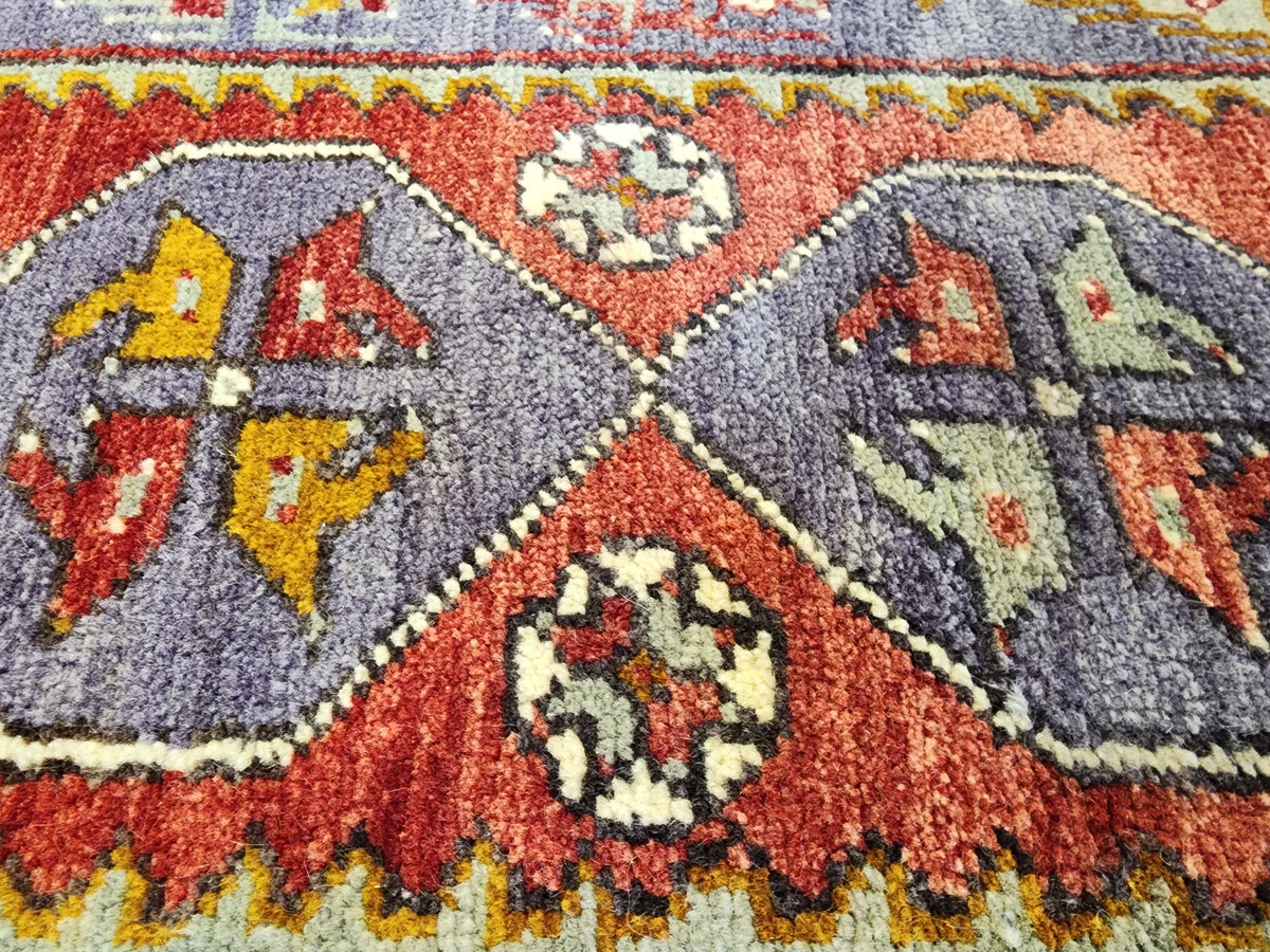 1960s Anatolian Wool Rug, Purple Red Geometric Tribal Door Mat (57x120cm)