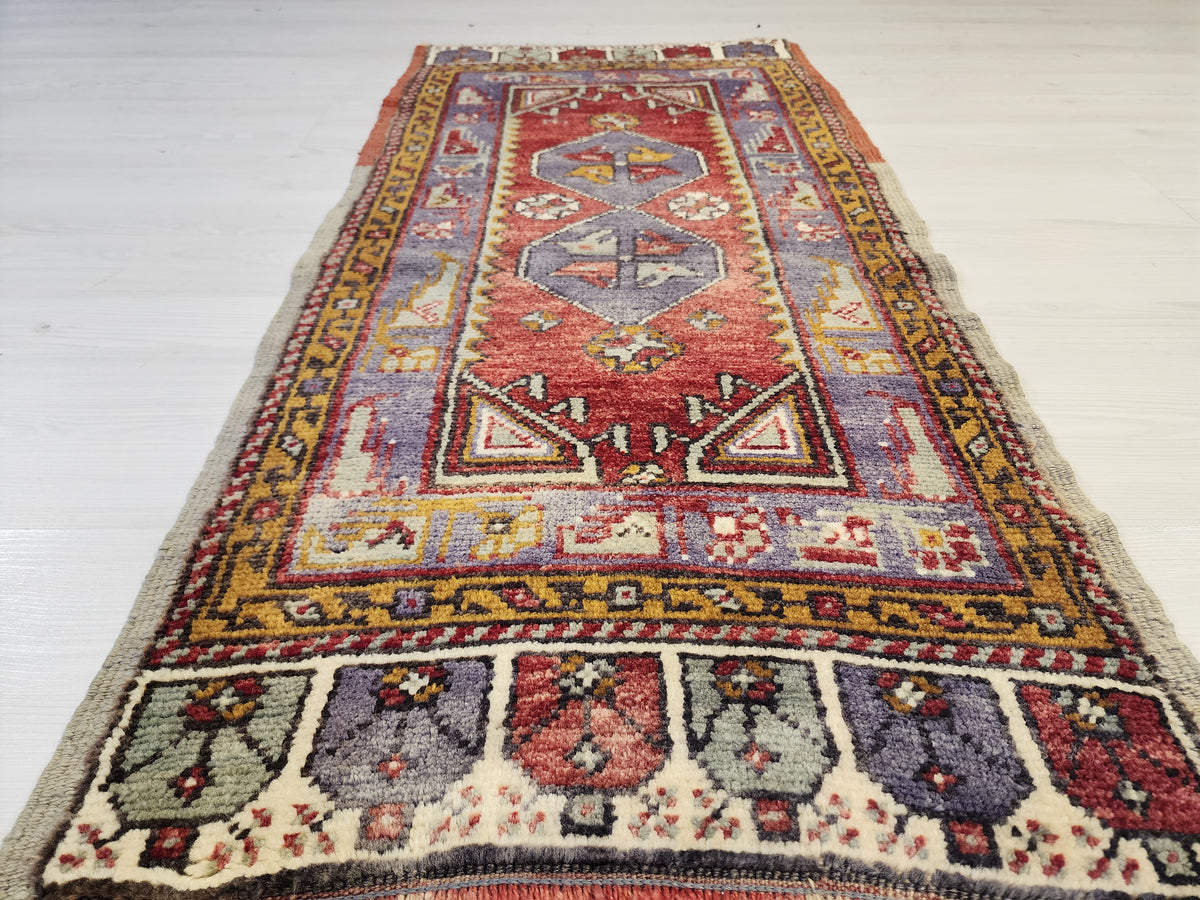 1960s Anatolian Wool Rug, Purple Red Geometric Tribal Door Mat (57x120cm)