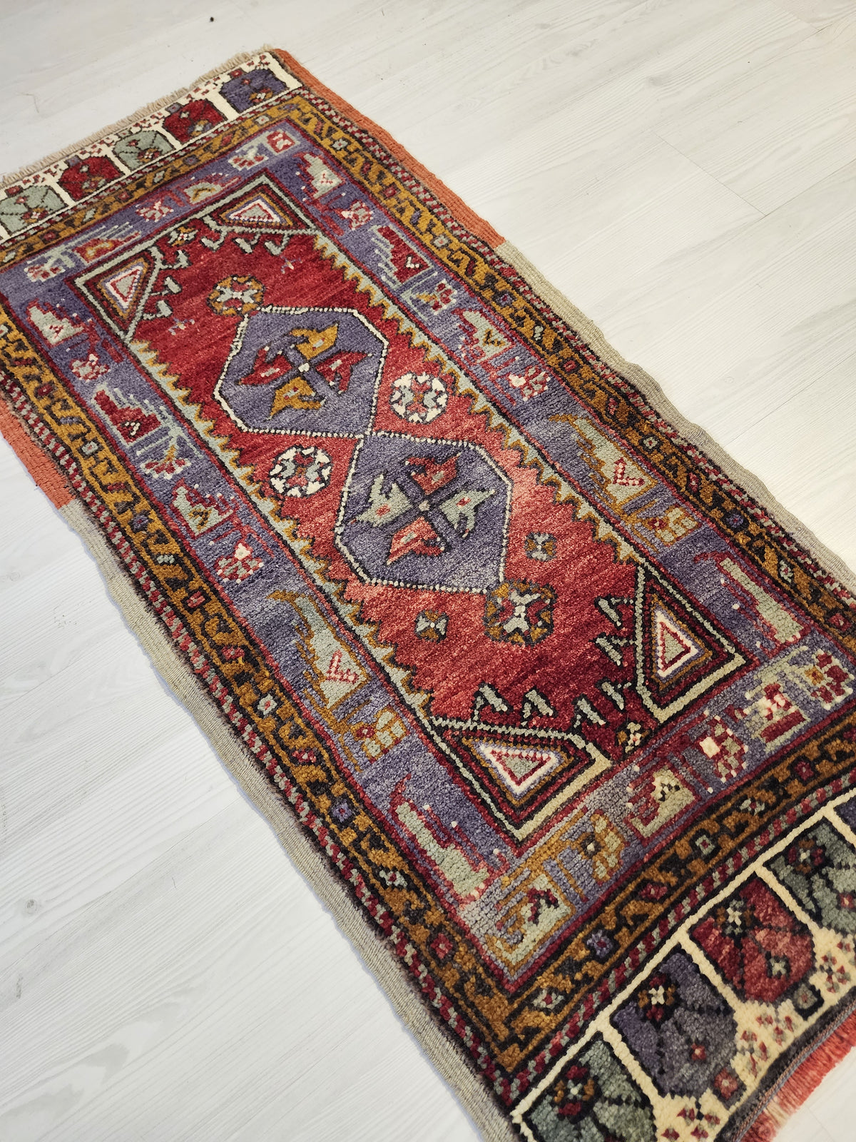 1960s Anatolian Wool Rug, Purple Red Geometric Tribal Door Mat (57x120cm)