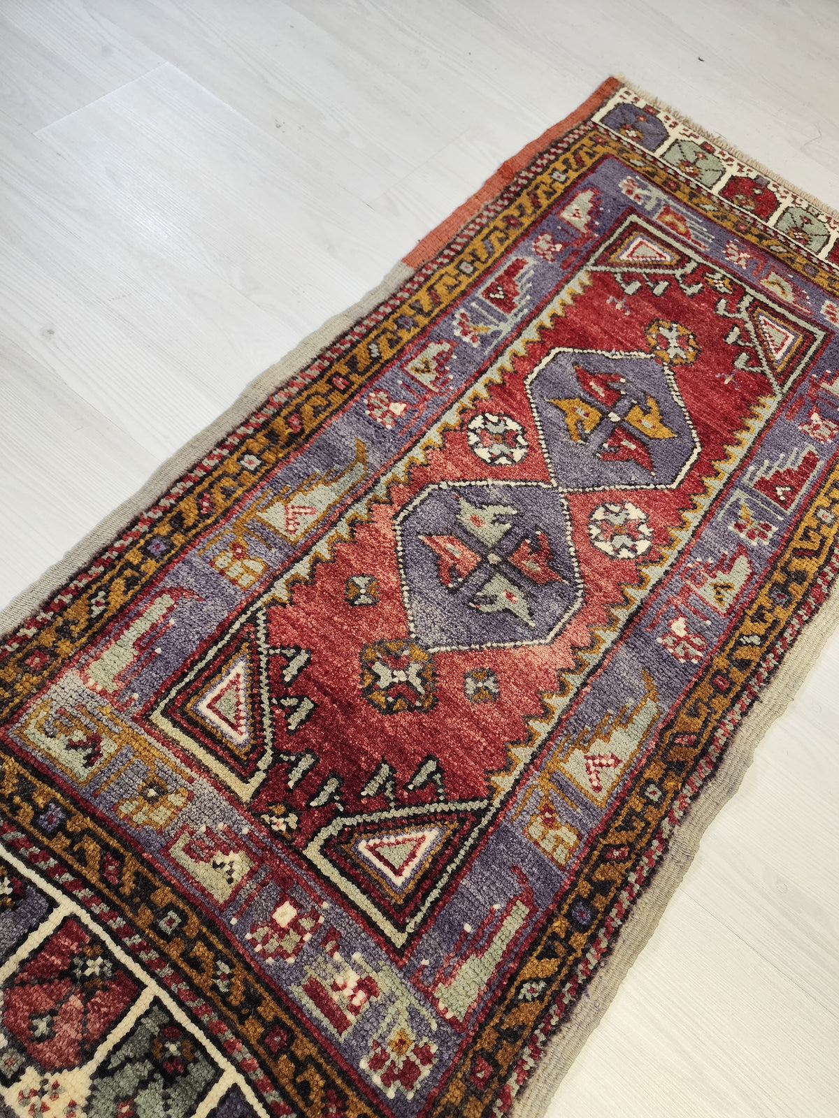 1960s Anatolian Wool Rug, Purple Red Geometric Tribal Door Mat (57x120cm)