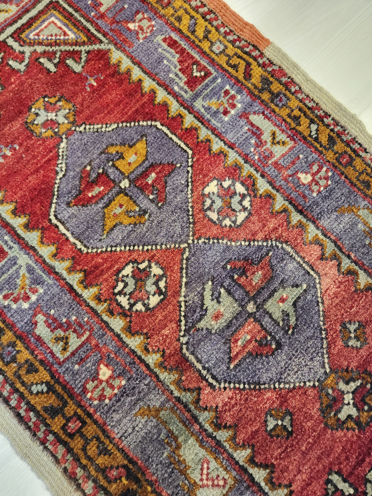 1960s Anatolian Wool Rug, Purple Red Geometric Tribal Door Mat (57x120cm)