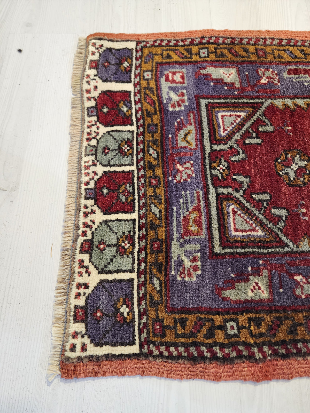 1960s Anatolian Wool Rug, Purple Red Geometric Tribal Door Mat (57x120cm)