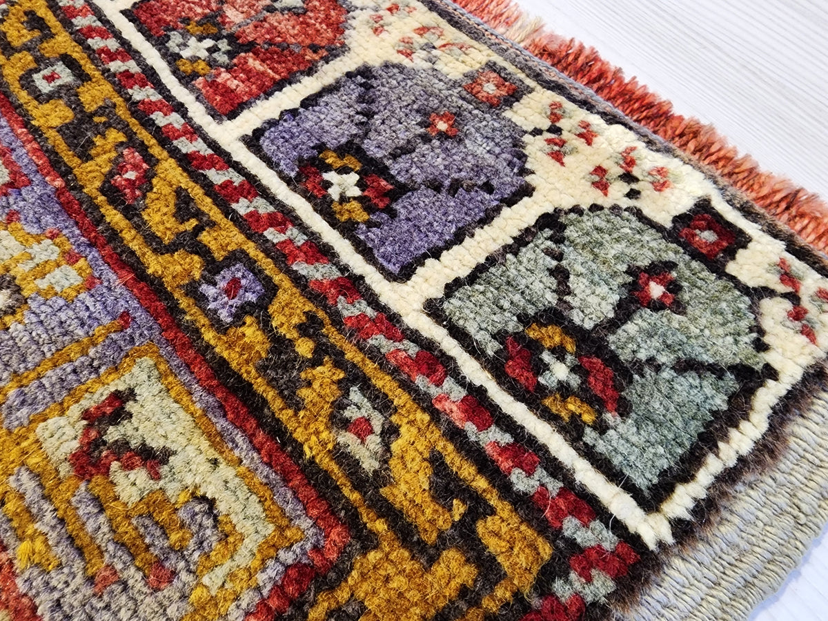 1960s Anatolian Wool Rug, Purple Red Geometric Tribal Door Mat (57x120cm)