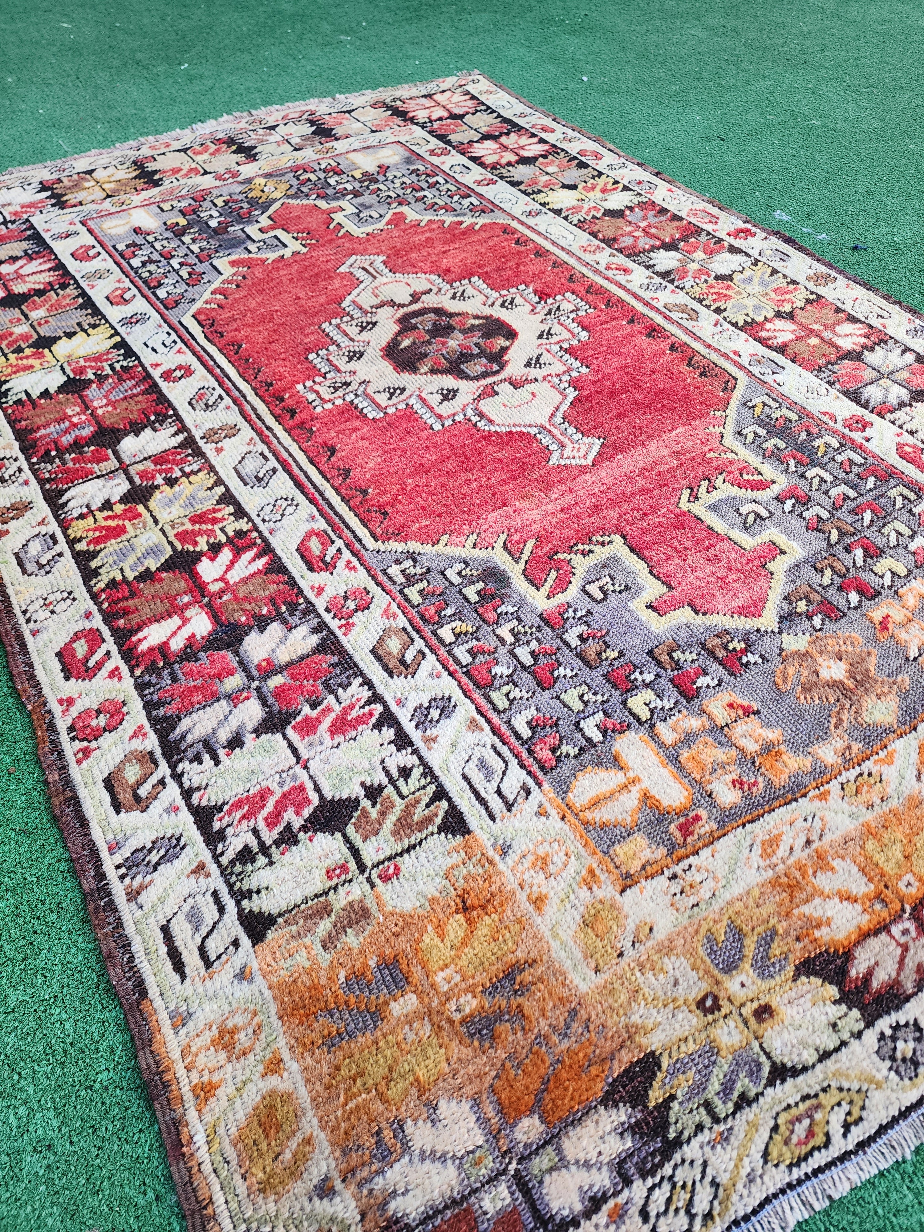 Antique Anatolian Tribal Rug 5'4'' x 3'7'' Red, Blue, Brown and White Traditional Turkish Rug