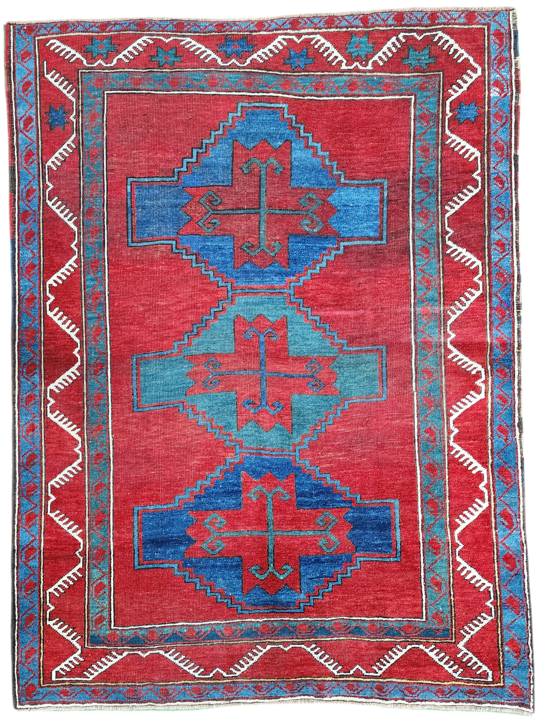 Antique Caucasian Fahrola Rug 6 x 4 ft, Red Blue and Green Tribal Persian Area Rug