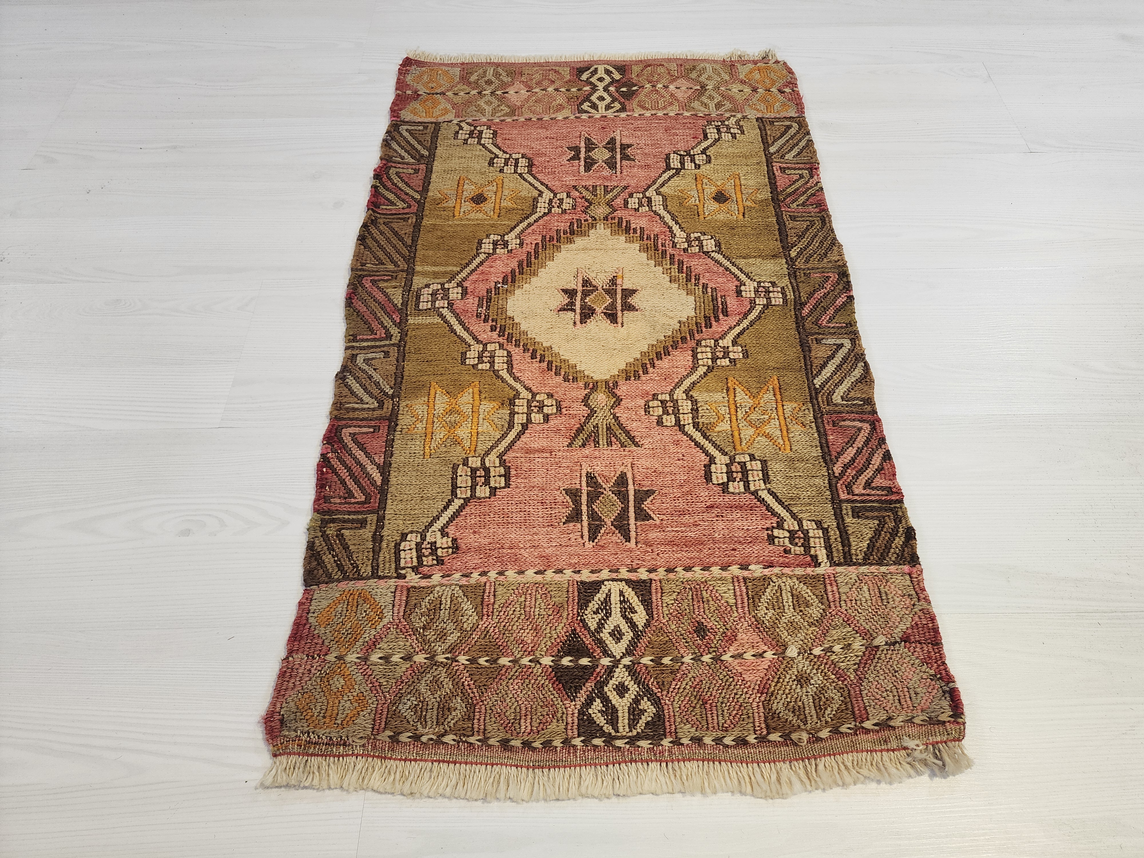 Antique Kilim Soumak Rug, Soft Pink Muted Boho Tribal Area Rug