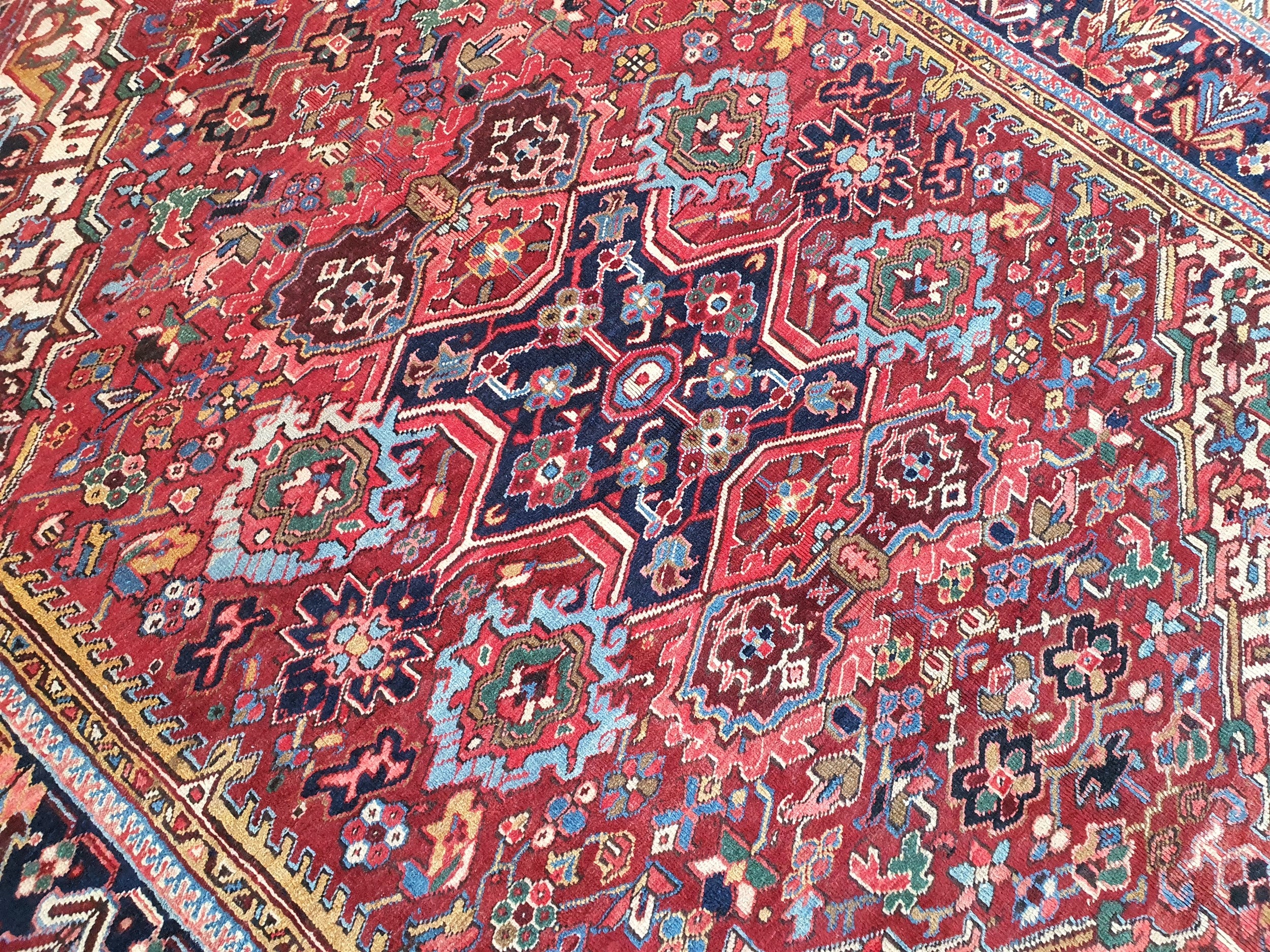 Antique Persian Heriz Rug 9 x 8 ft, Large Blue Red Handmade Oriental Dining Room Sized Medallion Rug