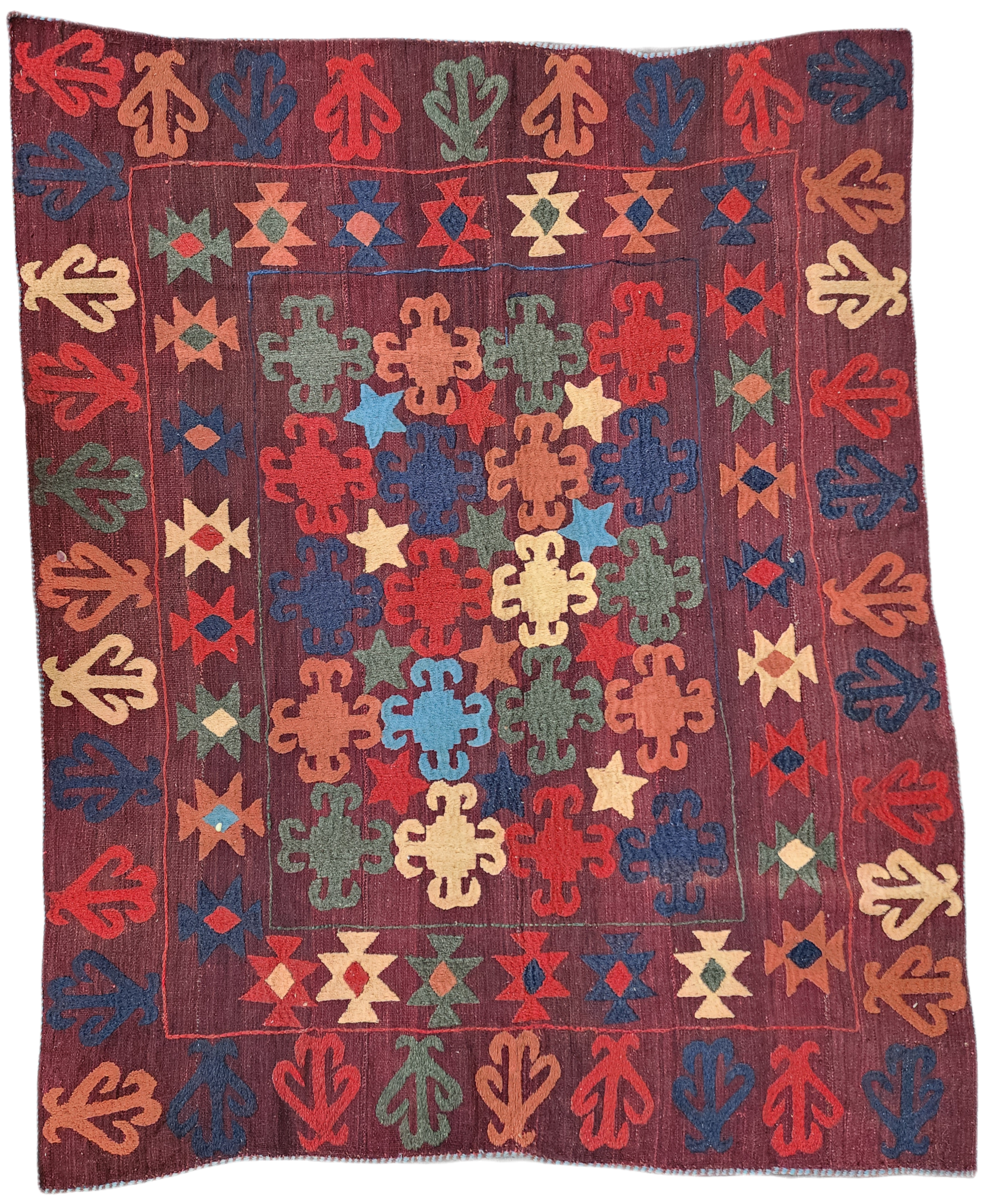 Antique Uzbek Kilim Rug, Early 19th Century, Handmade Organic Wool Vintage Rug, Boho Rustic Anatolian Home Decor, Kilim Rug, 5'4'' x 6'7''