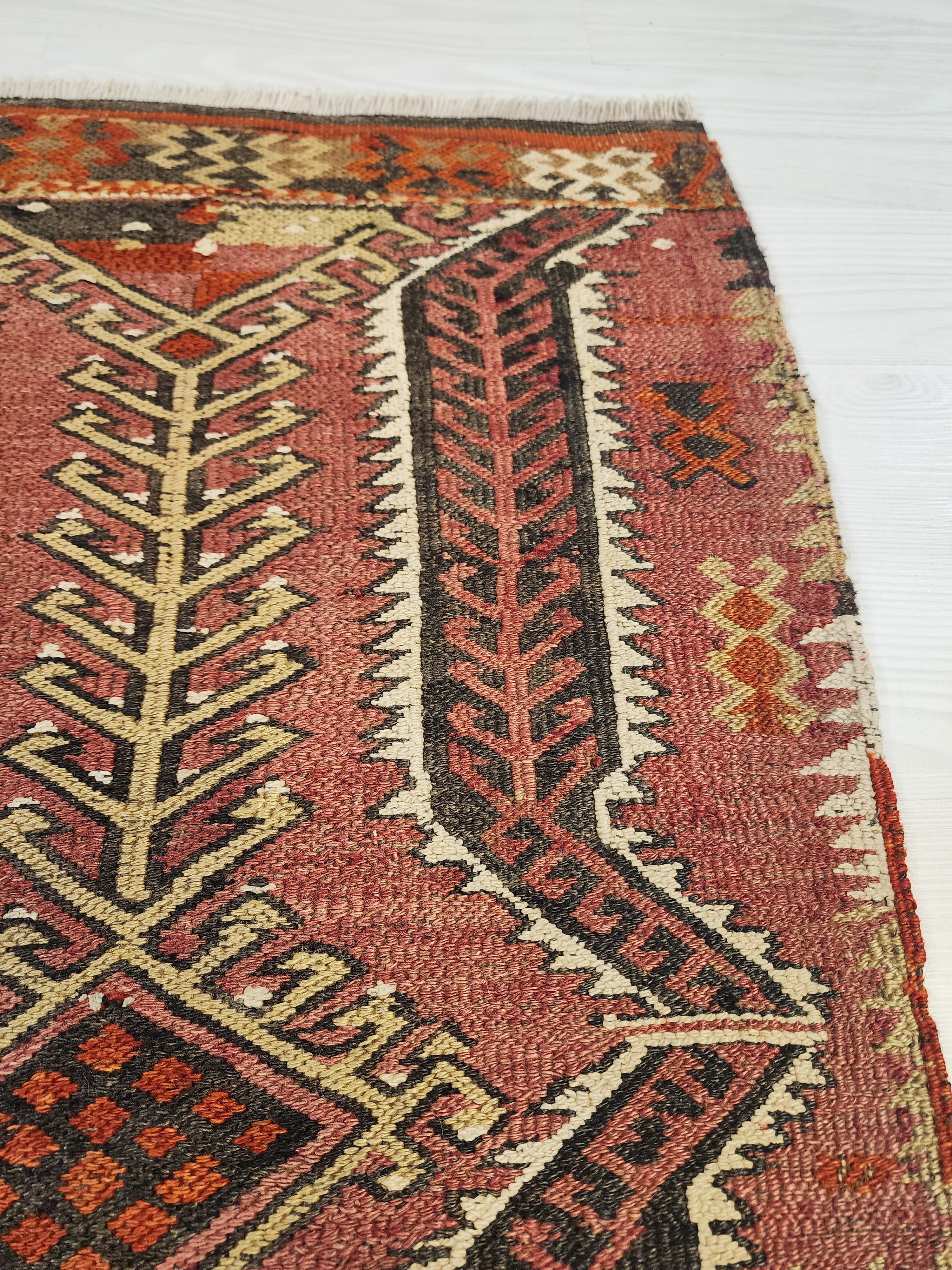 Antique Kilim Soumak Rug, Muted Pink Gray Boho Tribal Entryway Decor