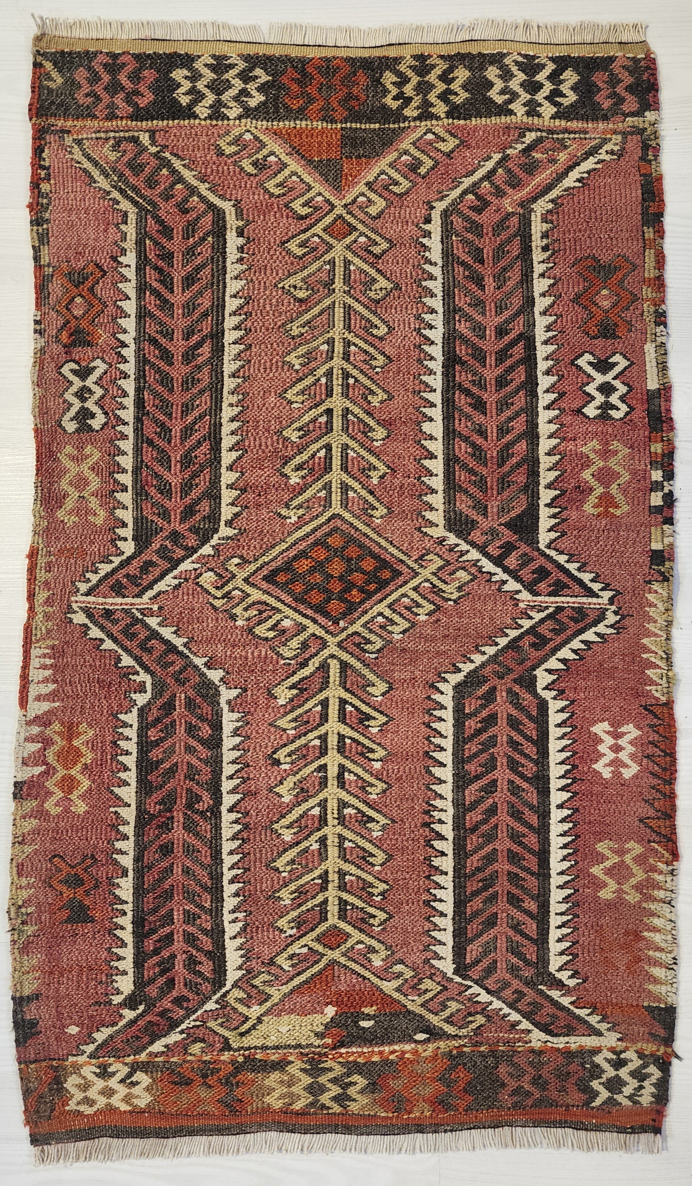 Antique Kilim Soumak Rug, Muted Pink Gray Boho Tribal Entryway Decor