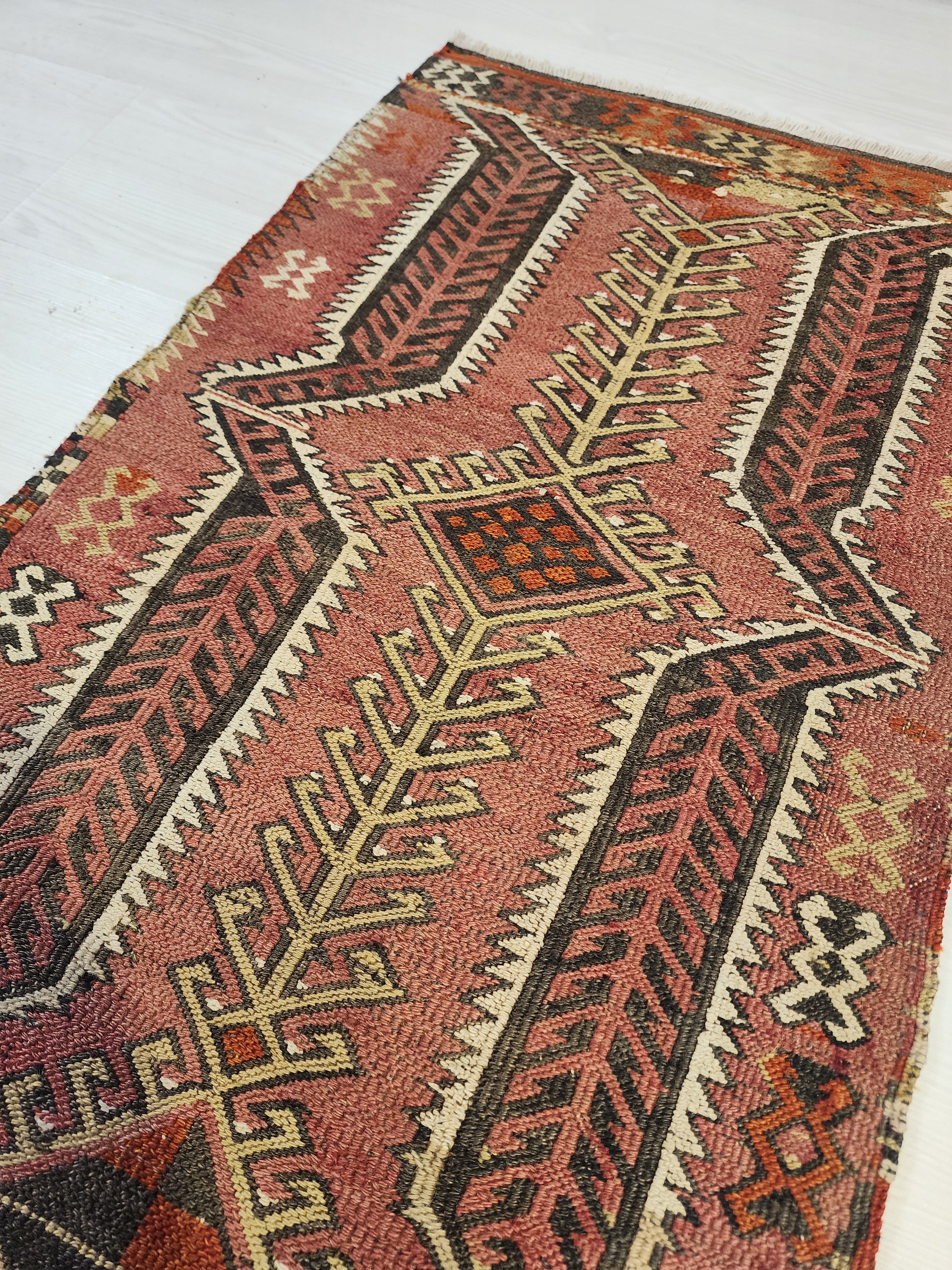 Antique Kilim Soumak Rug, Muted Pink Gray Boho Tribal Entryway Decor