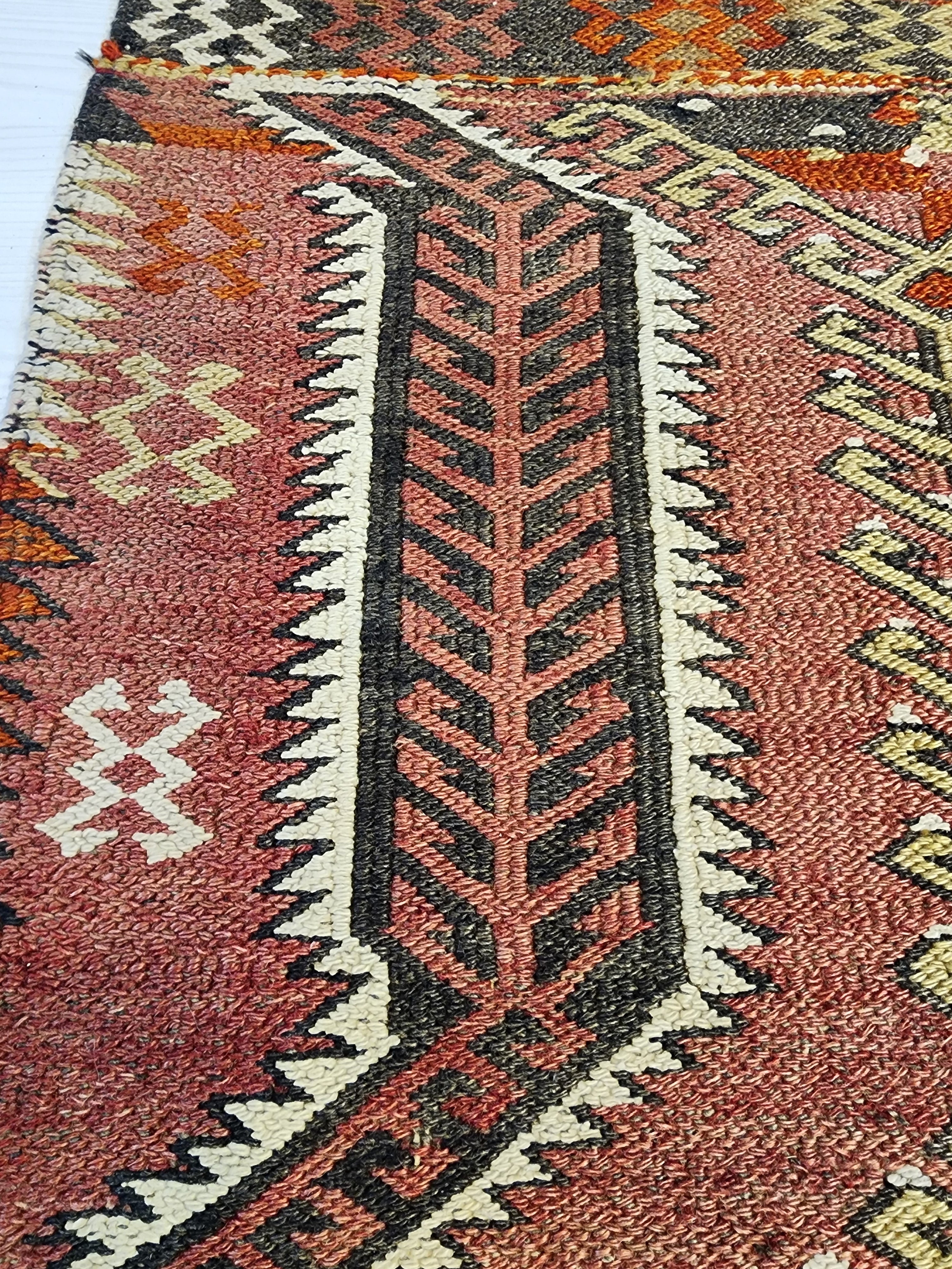 Antique Kilim Soumak Rug, Muted Pink Gray Boho Tribal Entryway Decor
