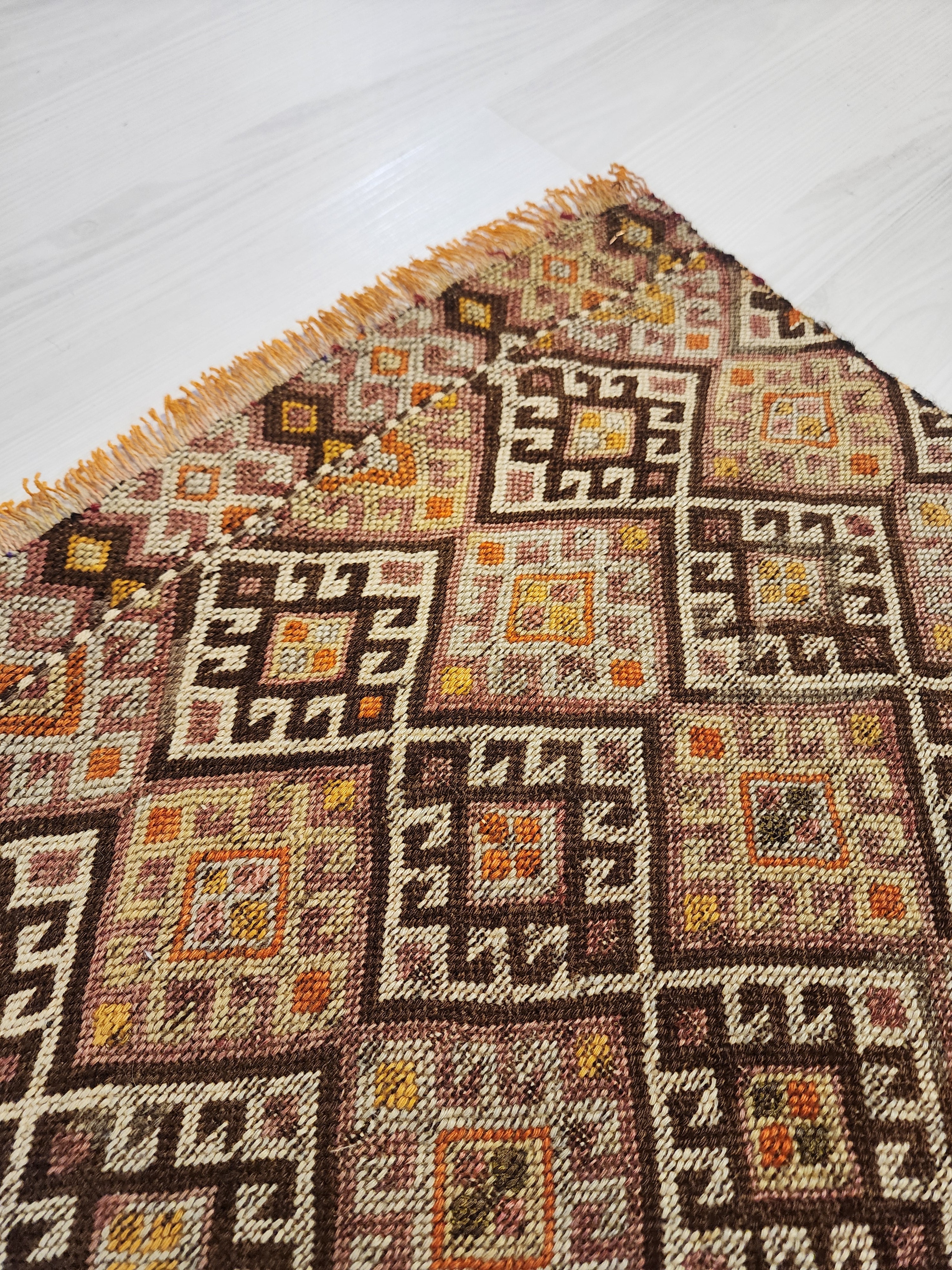 Antique Kilim Soumak Rug, Soft Purple Green Neutral Boho Decor, Anatolian Tribal Entryway Rug