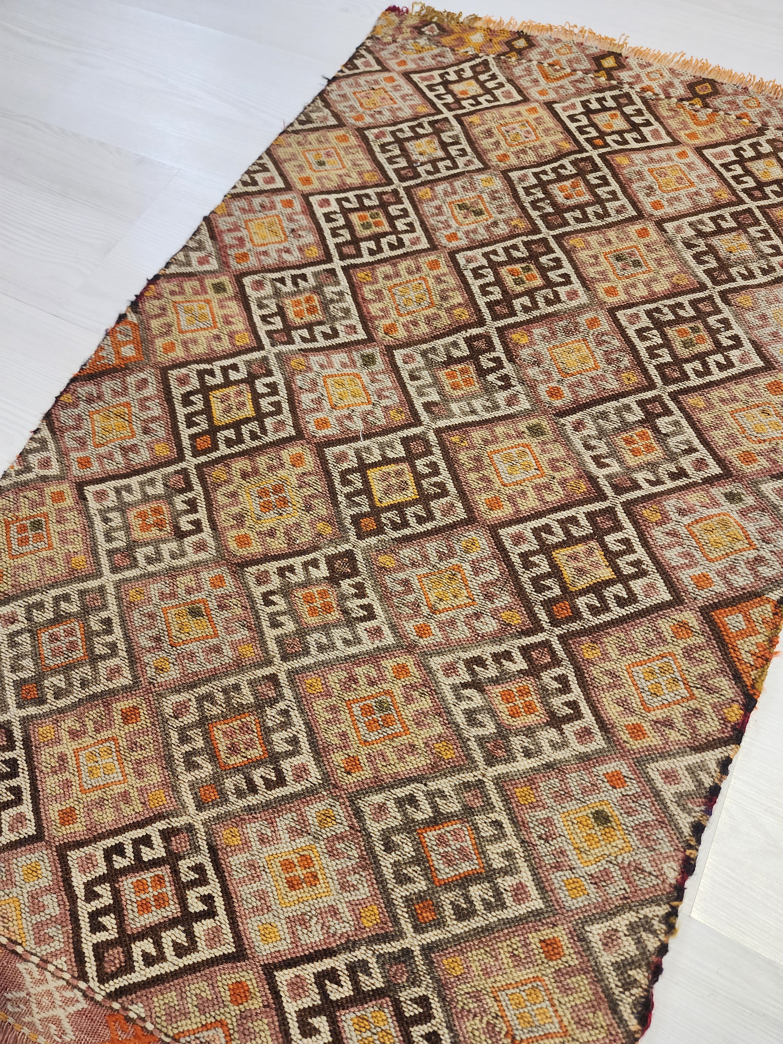 Antique Kilim Soumak Rug, Soft Purple Green Neutral Boho Decor, Anatolian Tribal Entryway Rug