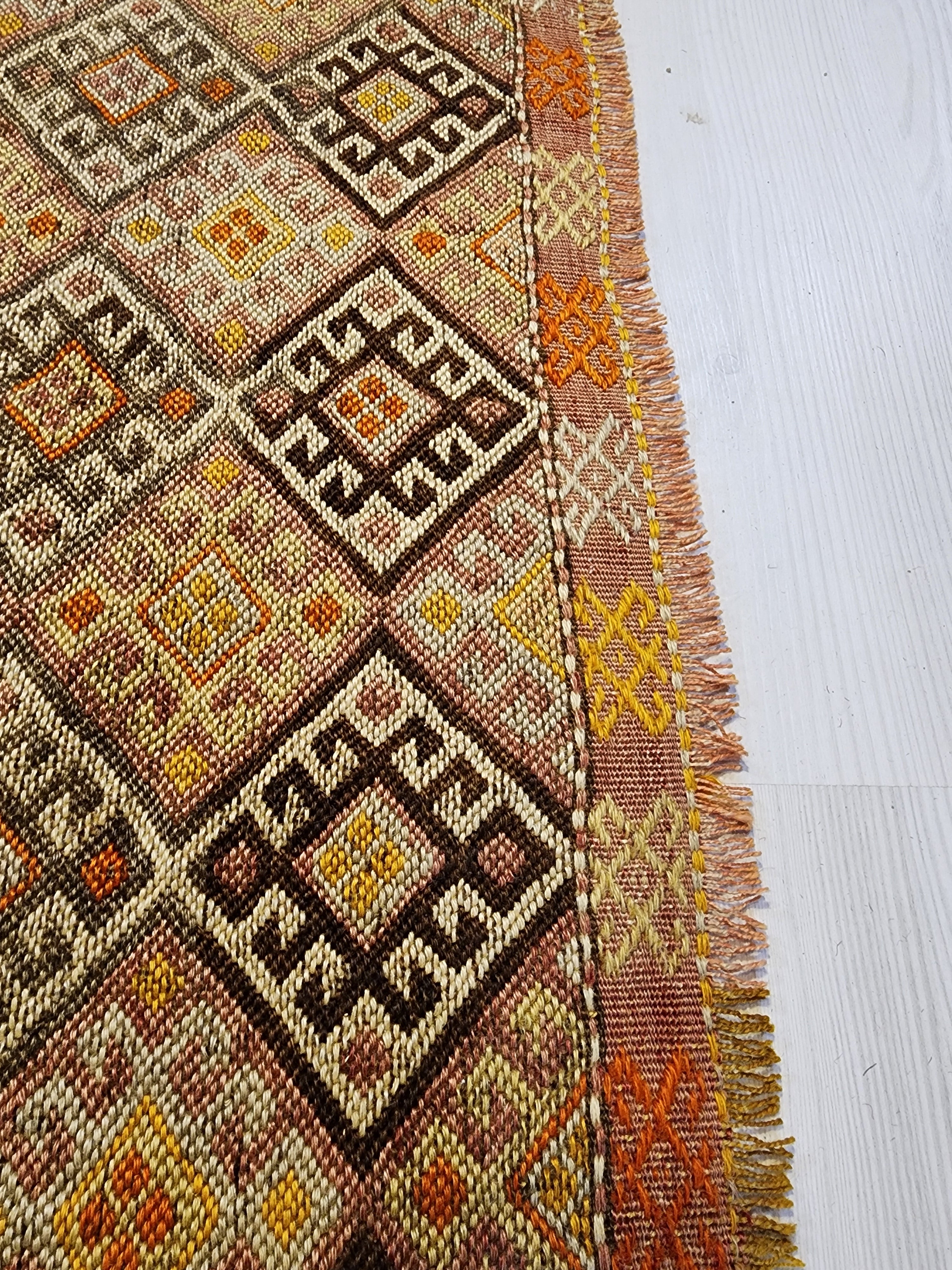 Antique Kilim Soumak Rug, Soft Purple Green Neutral Boho Decor, Anatolian Tribal Entryway Rug