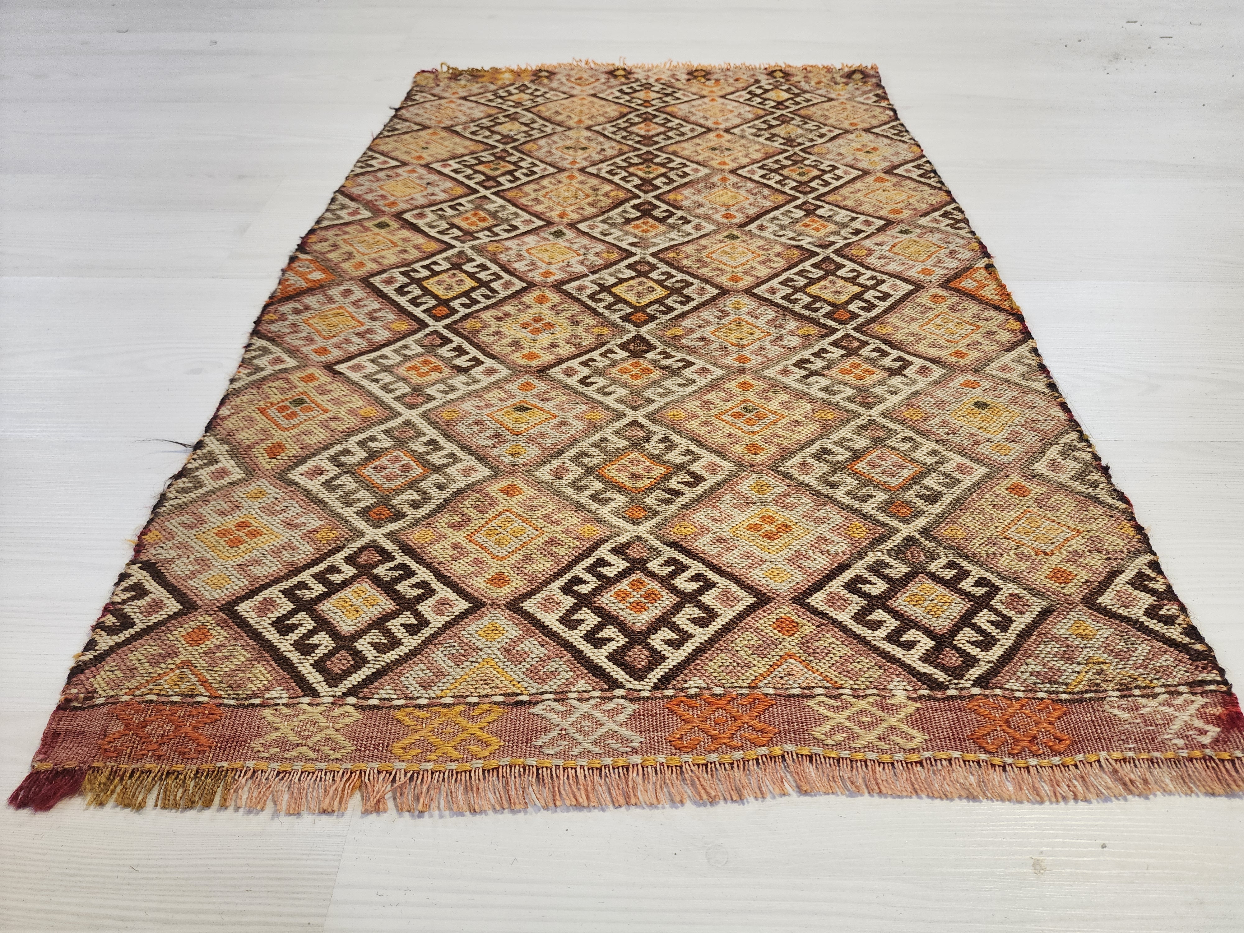 Antique Kilim Soumak Rug, Soft Purple Green Neutral Boho Decor, Anatolian Tribal Entryway Rug