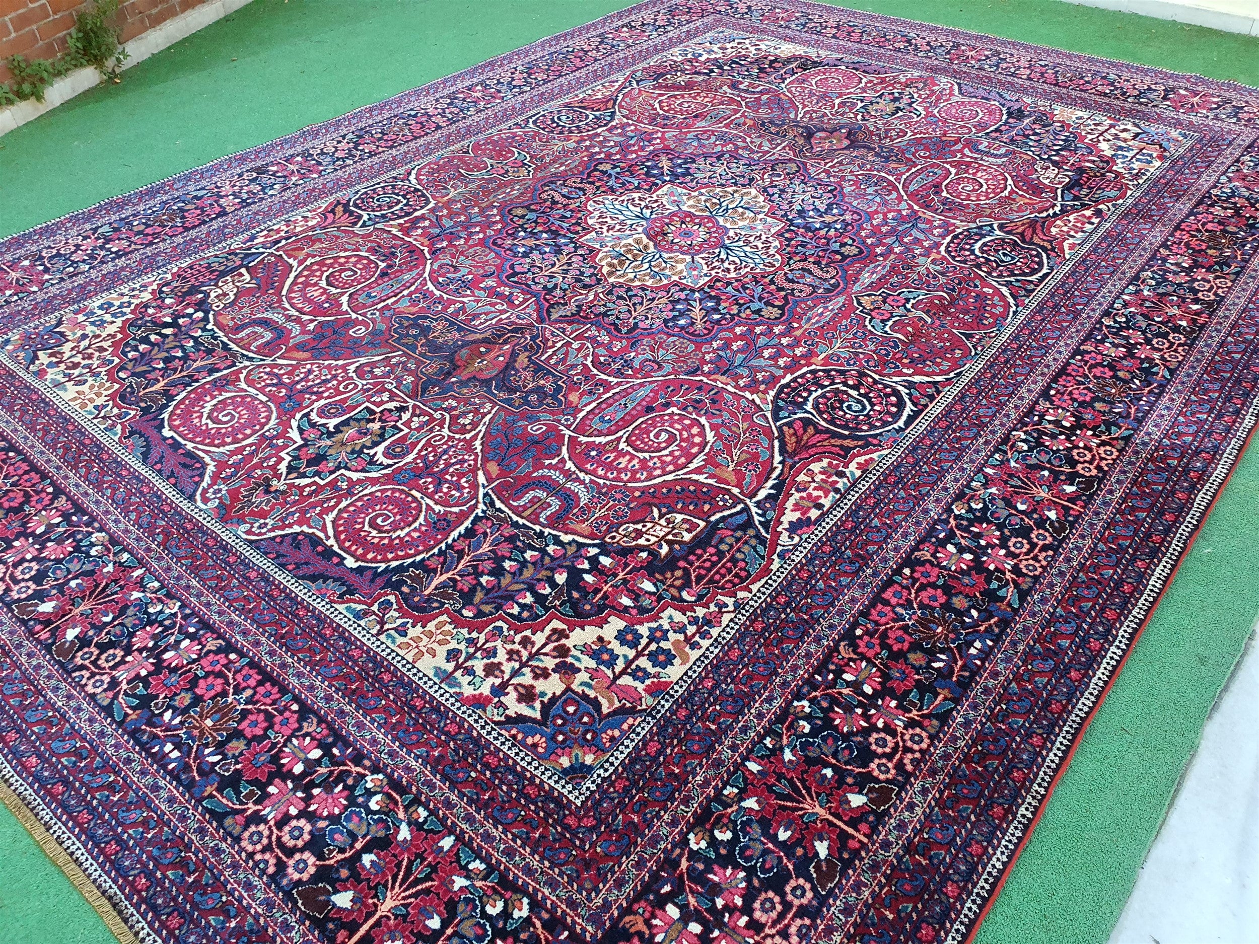 Antique Persian Rug 13 x 10 ft Blue Red Large Floral Medallion Living Dining Room Rug