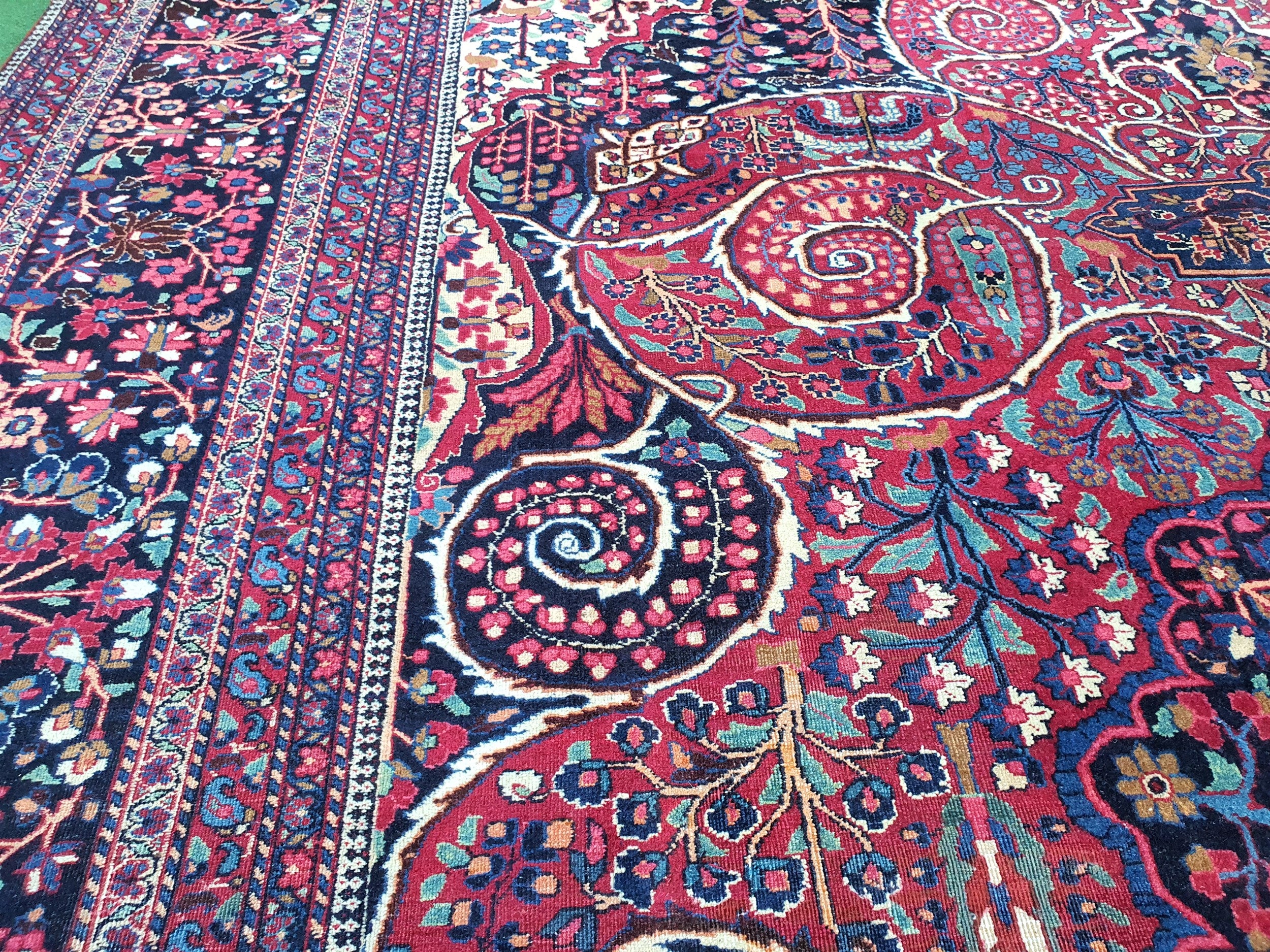 Antique Persian Rug 13 x 10 ft Blue Red Large Floral Medallion Living Dining Room Rug