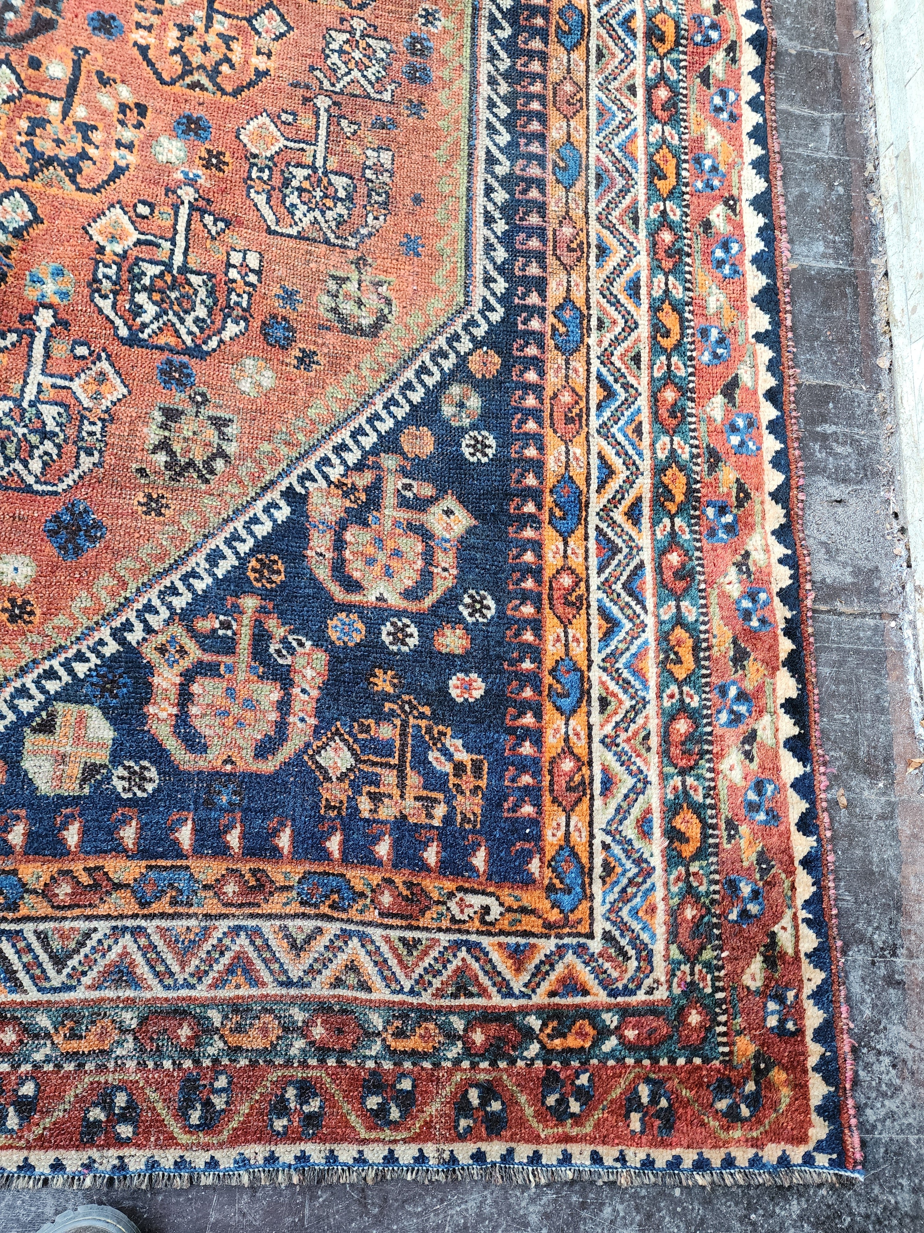 Vintage Persian Rug, 7 ft 9 in x 5 ft 5 in Red, Blue and White Large Turkish Carpet Handmade from Natural Wool