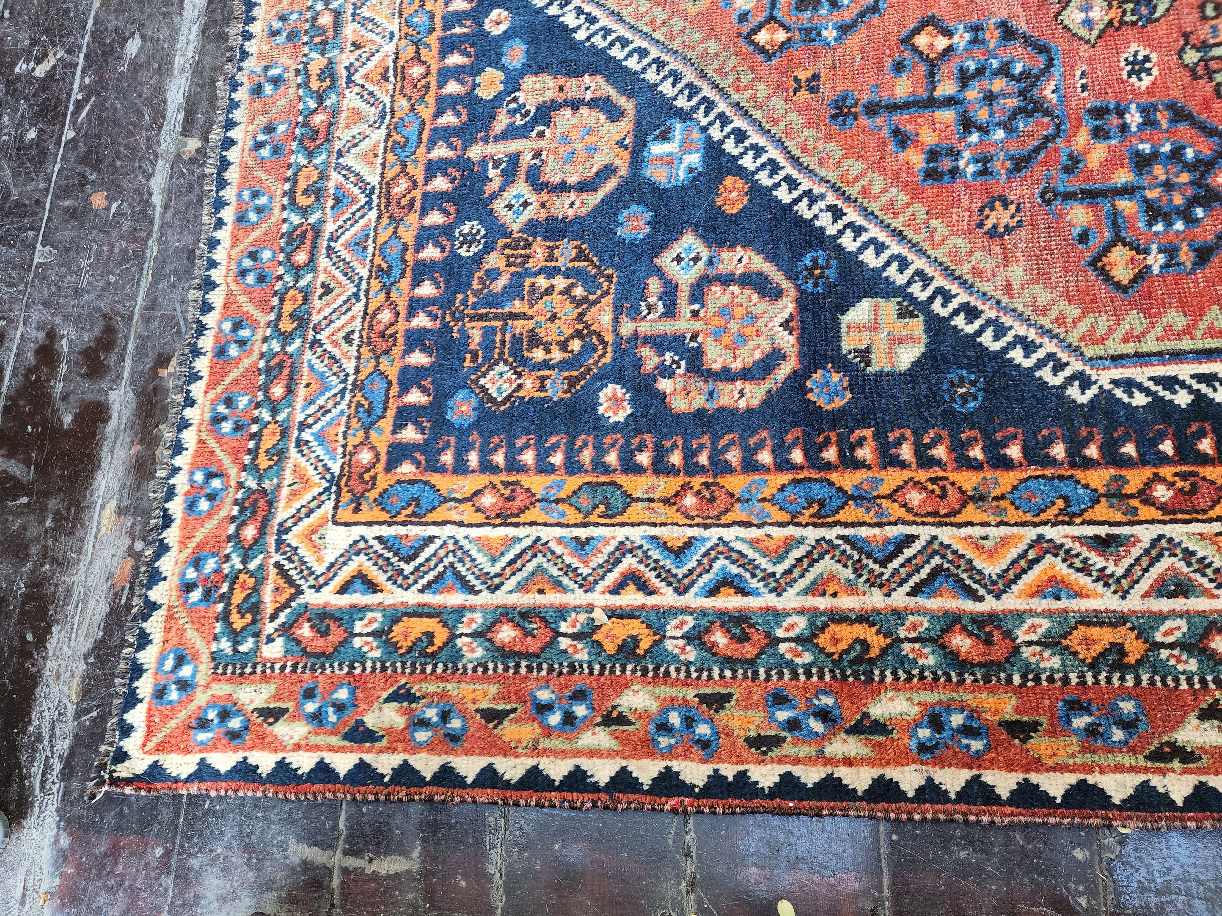 Vintage Persian Rug, 7 ft 9 in x 5 ft 5 in Red, Blue and White Large Turkish Carpet Handmade from Natural Wool