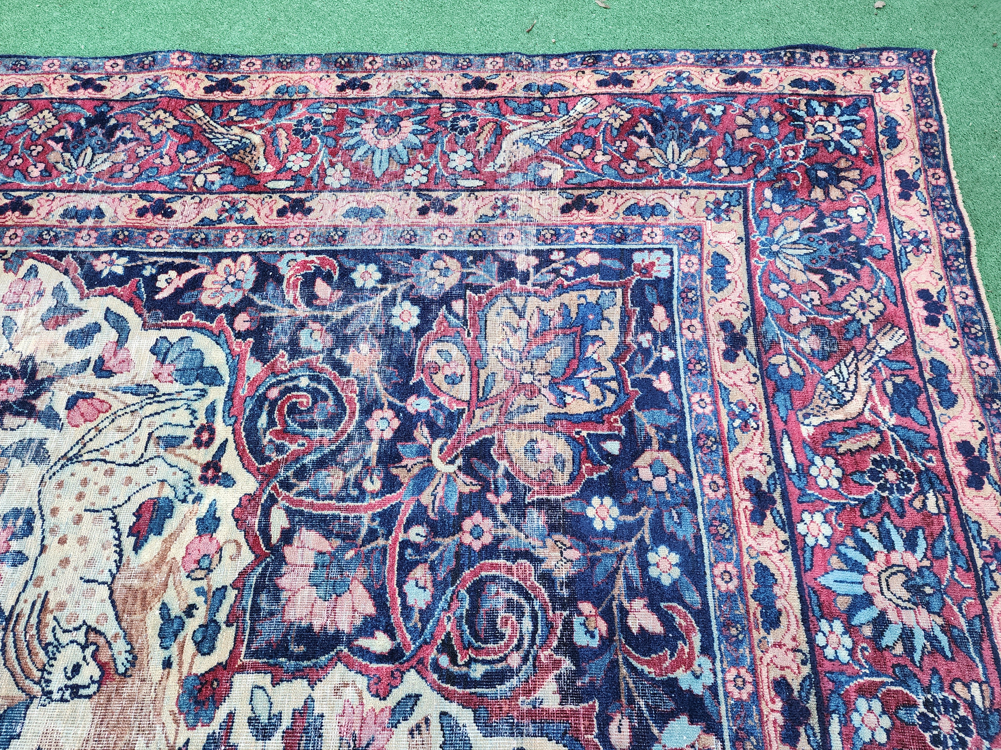 Antique Persian Rug, 11 ft x 8 ft, X Large Blue. Red and White Floral Medallion Turkish Rug Handmade from Natural Wool