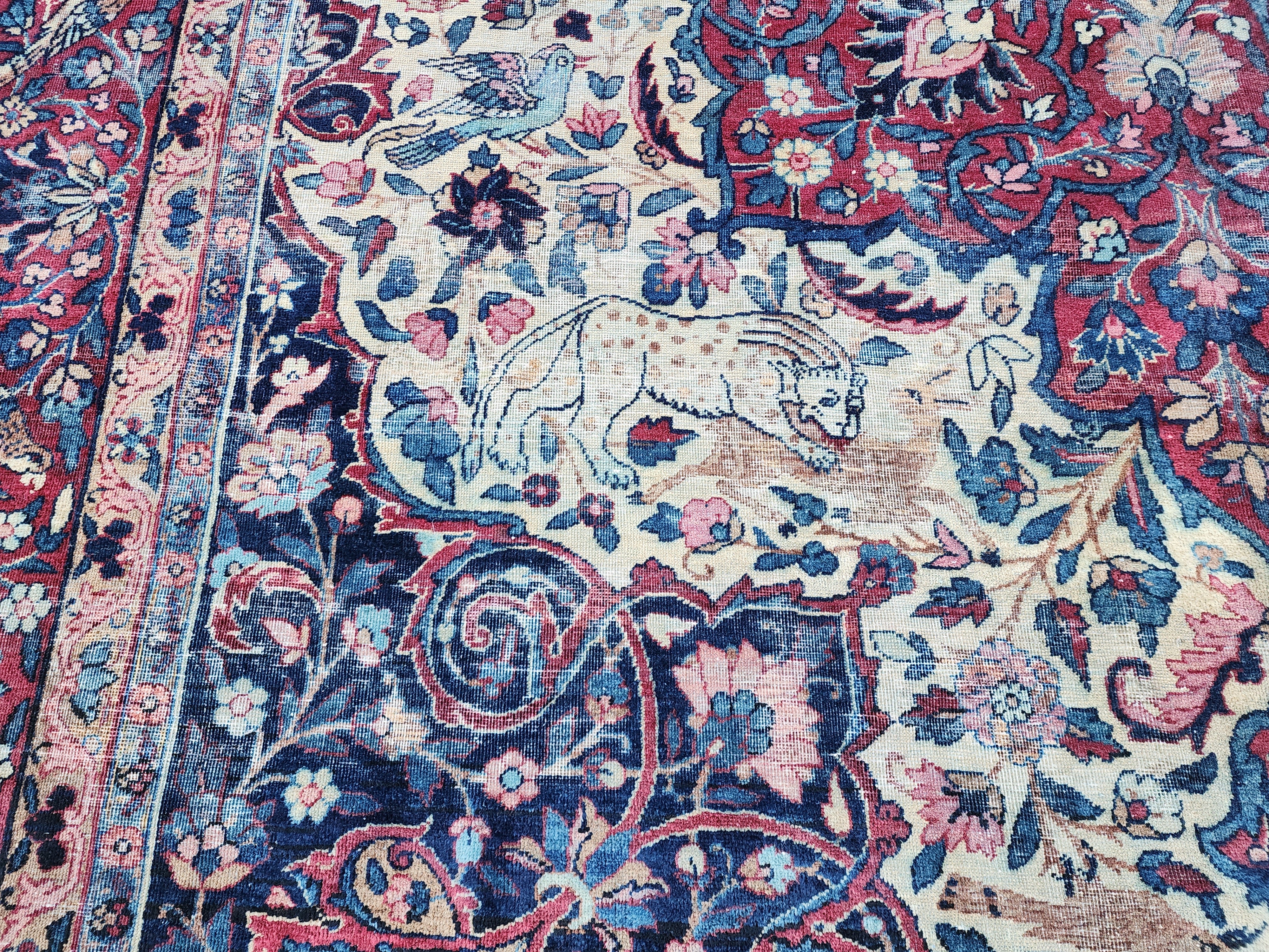 Antique Persian Rug, 11 ft x 8 ft, X Large Blue. Red and White Floral Medallion Turkish Rug Handmade from Natural Wool